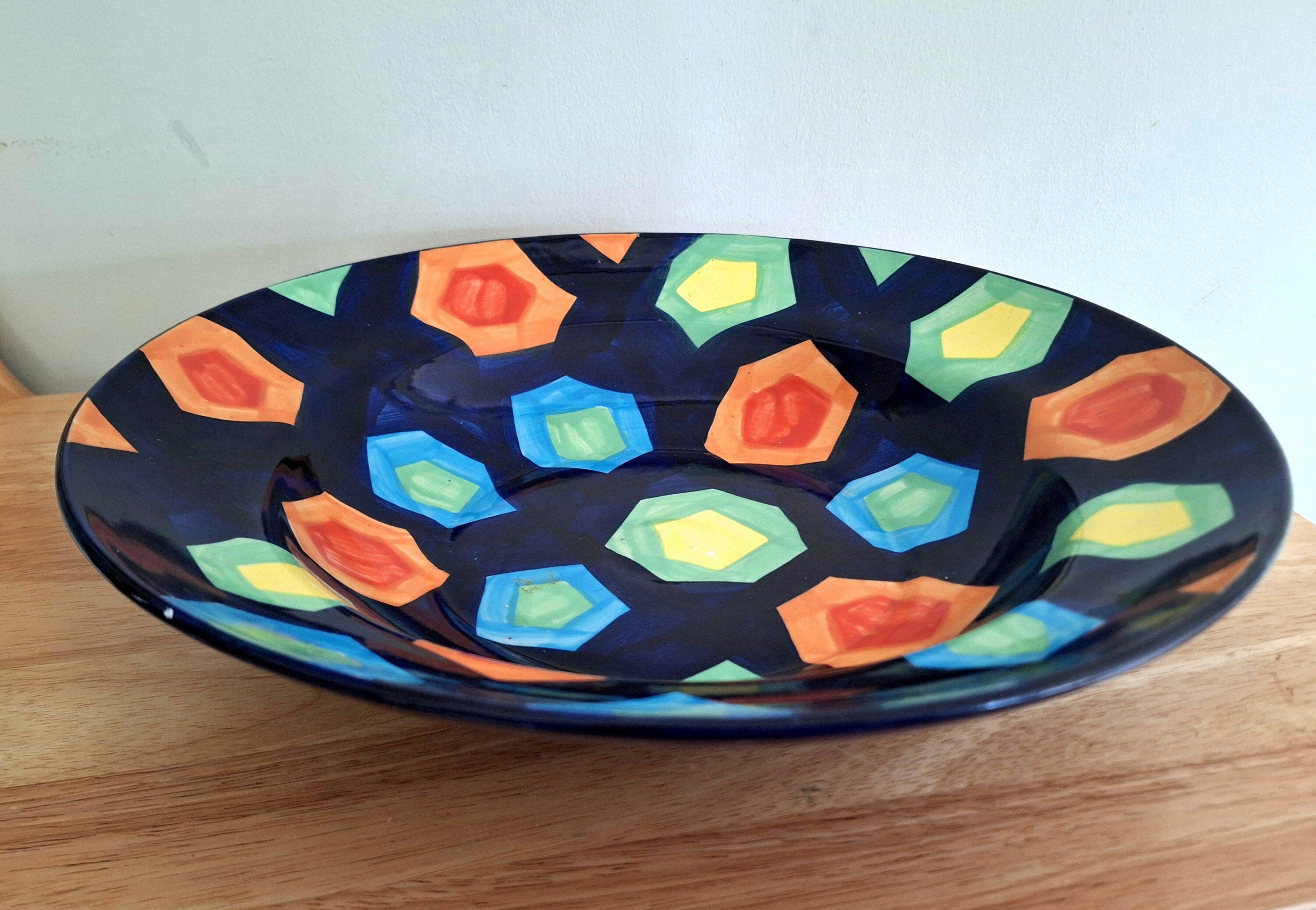 Vibrant Hand-Painted Large Ceramic Bowl  Geometric Design Fruit Bowl | Made in Vietnam | Colourful Home Décor | Artisan Craftsmanship