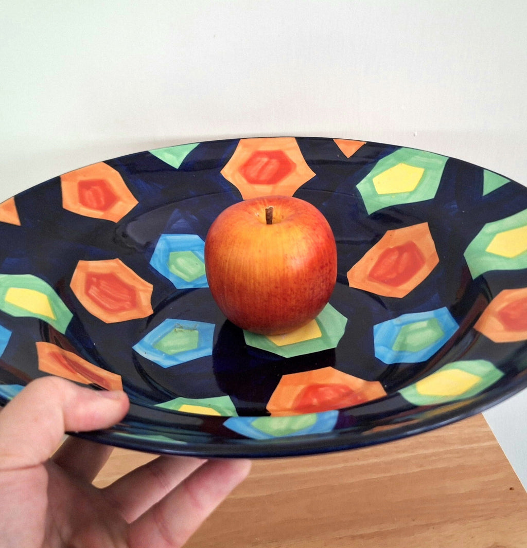 Vibrant Hand-Painted Large Ceramic Bowl  Geometric Design Fruit Bowl | Made in Vietnam | Colourful Home Décor | Artisan Craftsmanship