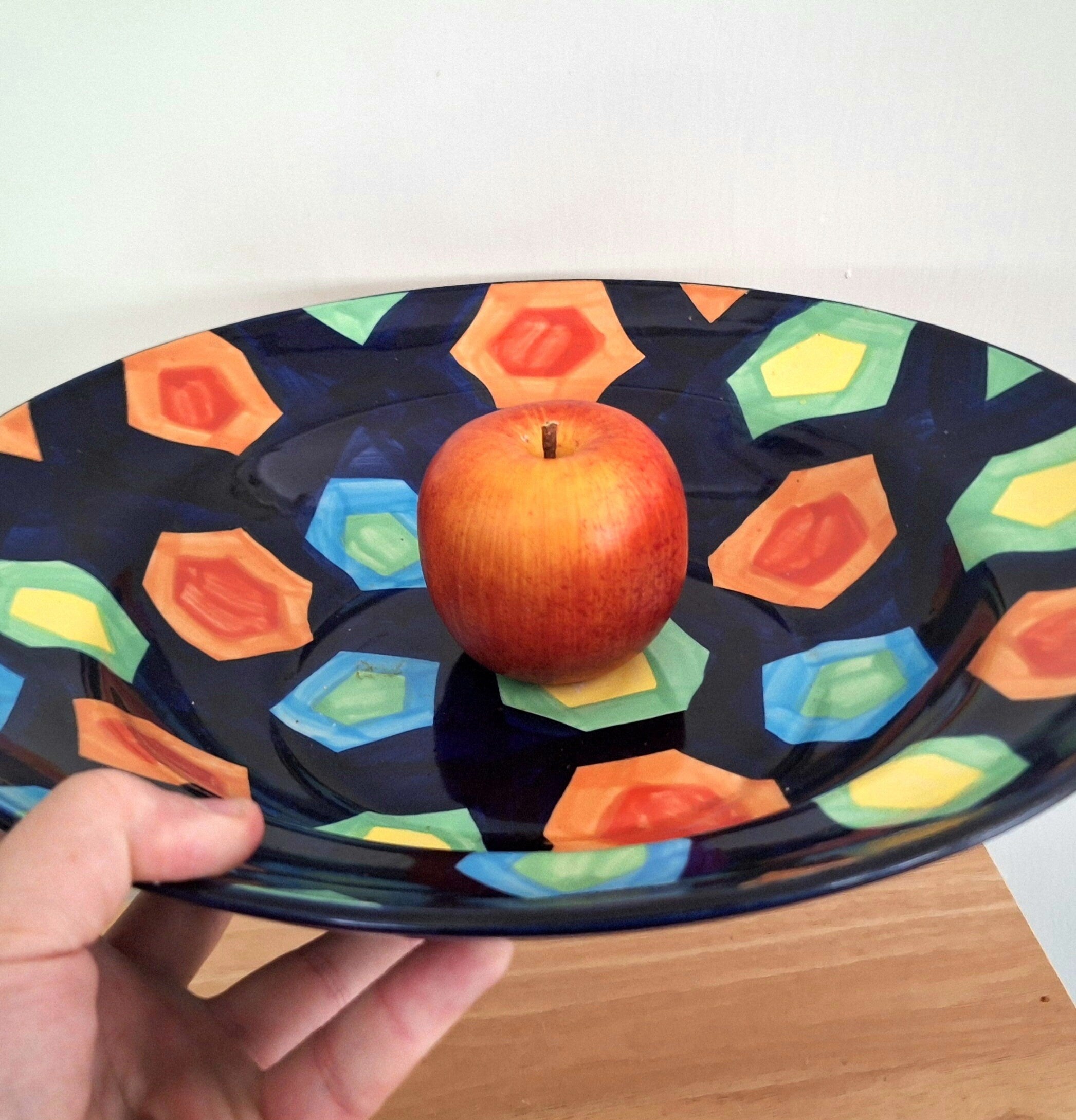Vibrant Hand-Painted Large Ceramic Bowl  Geometric Design Fruit Bowl | Made in Vietnam | Colourful Home Décor | Artisan Craftsmanship