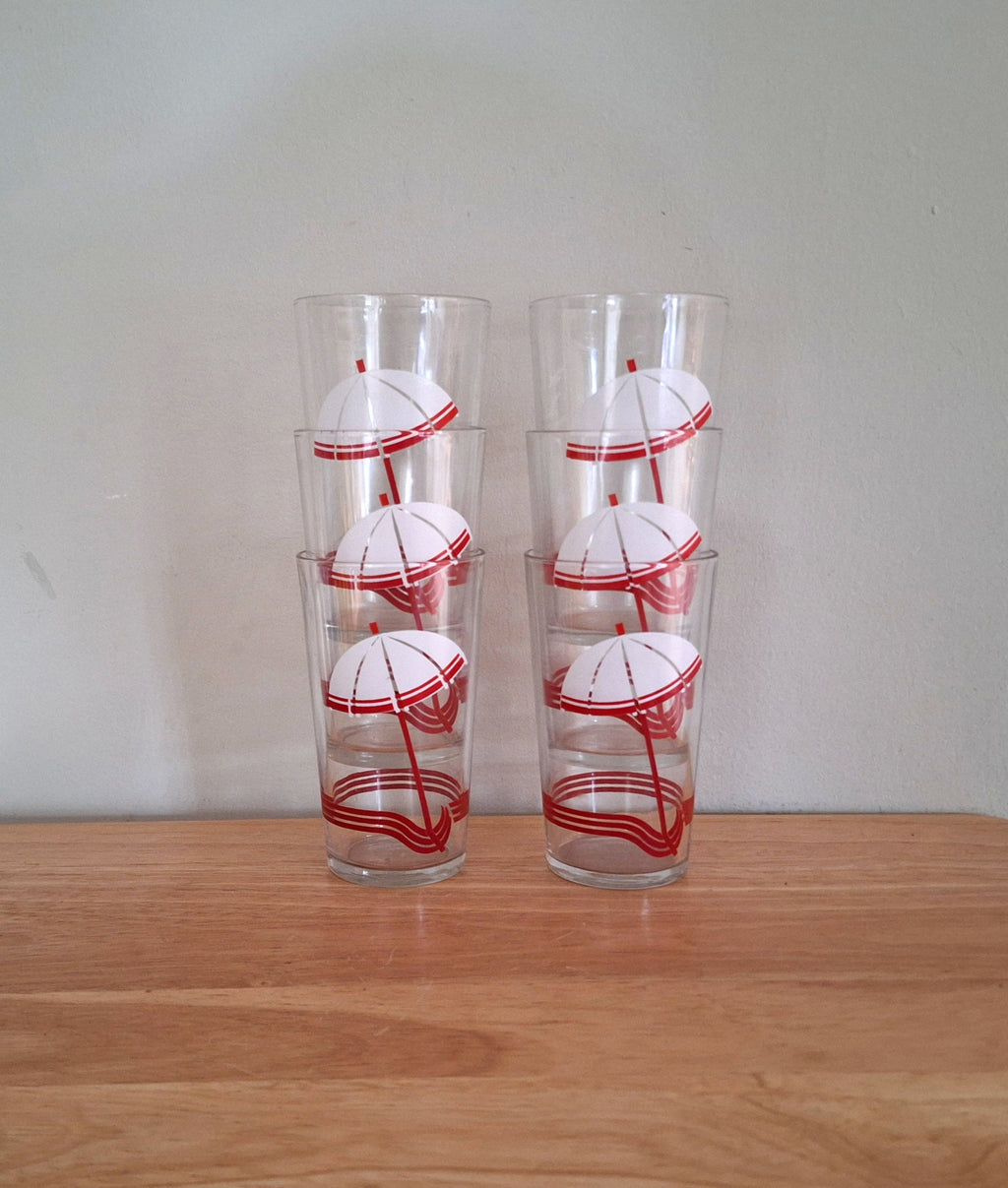 Set of 6 Vintage Drinking Glasses  Retro Umbrella Design | Mid-Century Modern Glassware | Collectible Barware