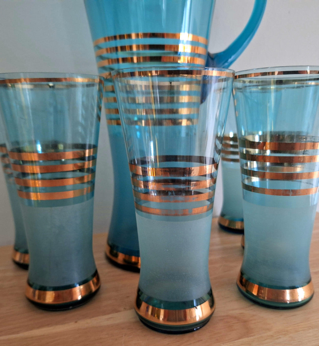 Mid-Century Modern Blue and Gold Pitcher Set  Vintage Glassware with 6 Glasses | Collectible Drinkware | Retro Barware