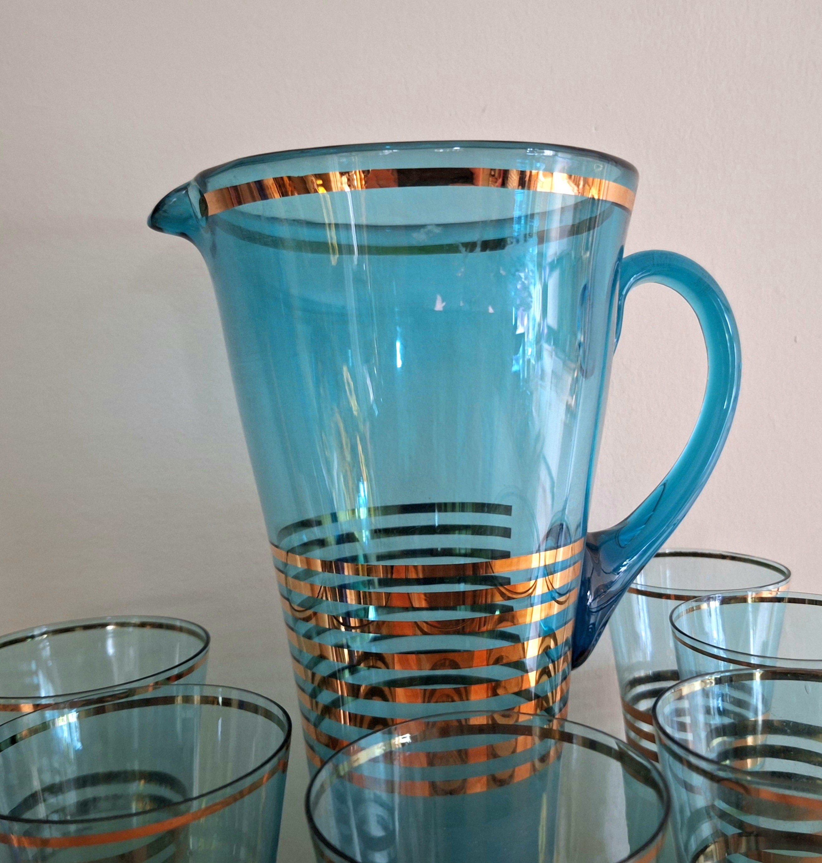 Mid-Century Modern Blue and Gold Pitcher Set  Vintage Glassware with 6 Glasses | Collectible Drinkware | Retro Barware