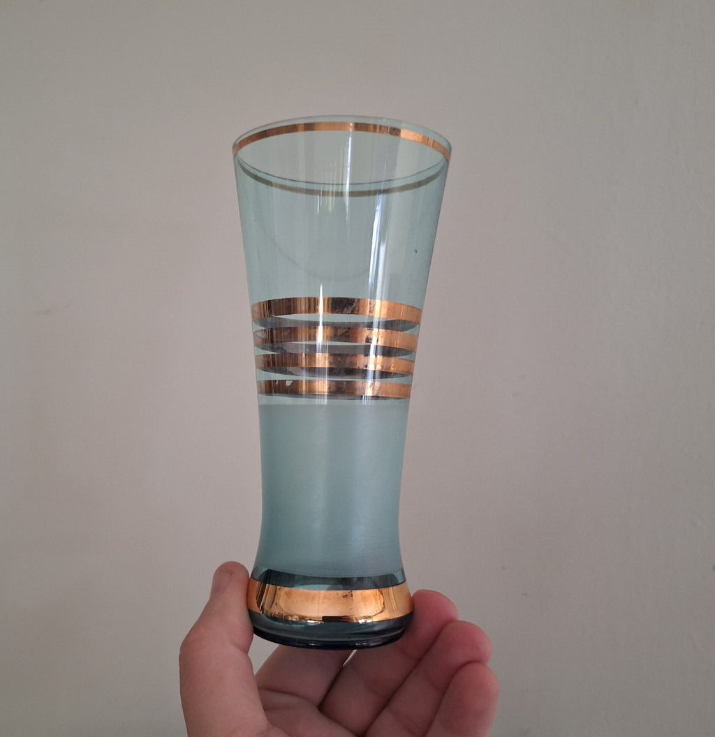 Mid-Century Modern Blue and Gold Pitcher Set  Vintage Glassware with 6 Glasses | Collectible Drinkware | Retro Barware