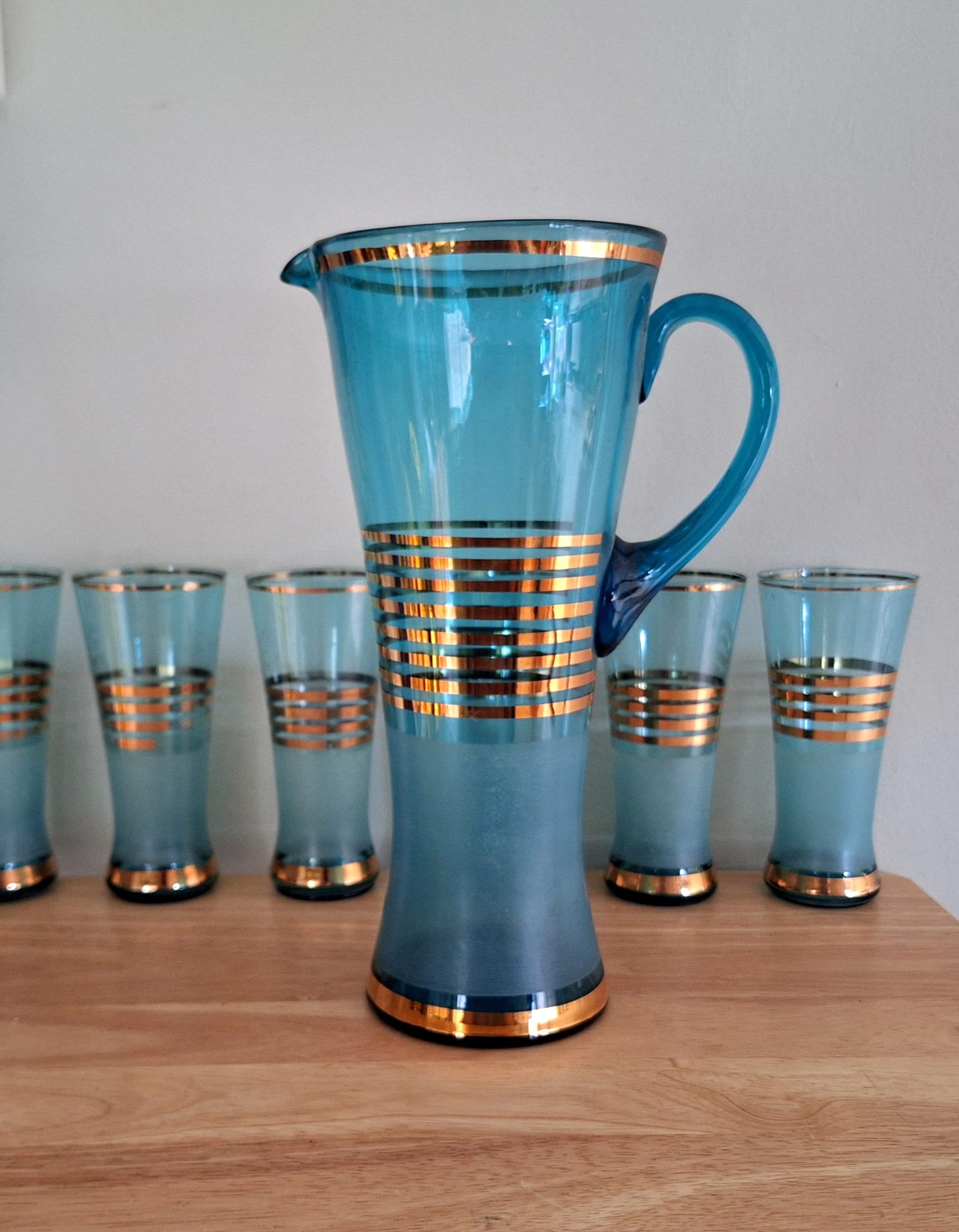 Mid-Century Modern Blue and Gold Pitcher Set  Vintage Glassware with 6 Glasses | Collectible Drinkware | Retro Barware