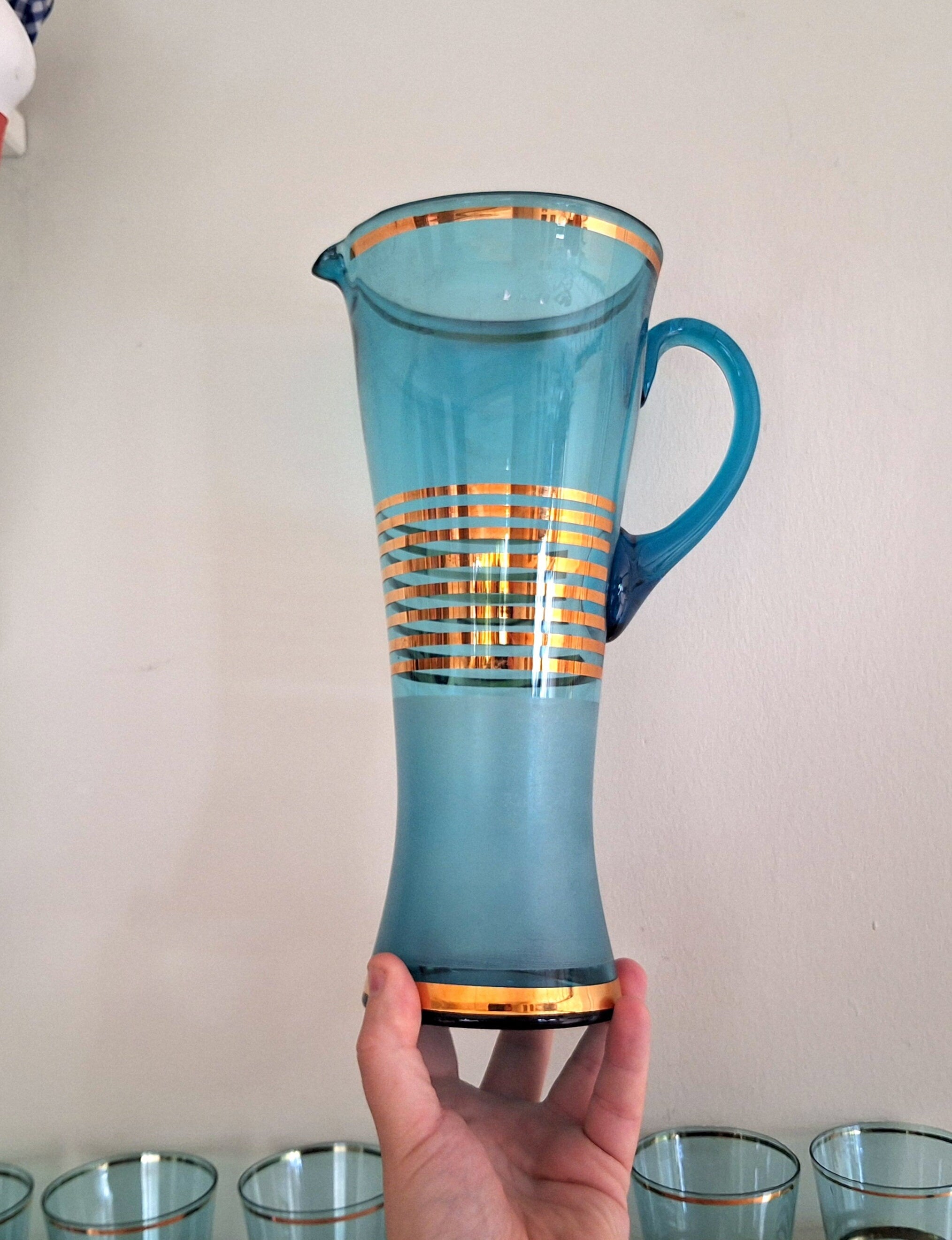 Mid-Century Modern Blue and Gold Pitcher Set  Vintage Glassware with 6 Glasses | Collectible Drinkware | Retro Barware