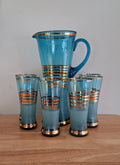 Mid-Century Modern Blue and Gold Pitcher Set  Vintage Glassware with 6 Glasses | Collectible Drinkware | Retro Barware