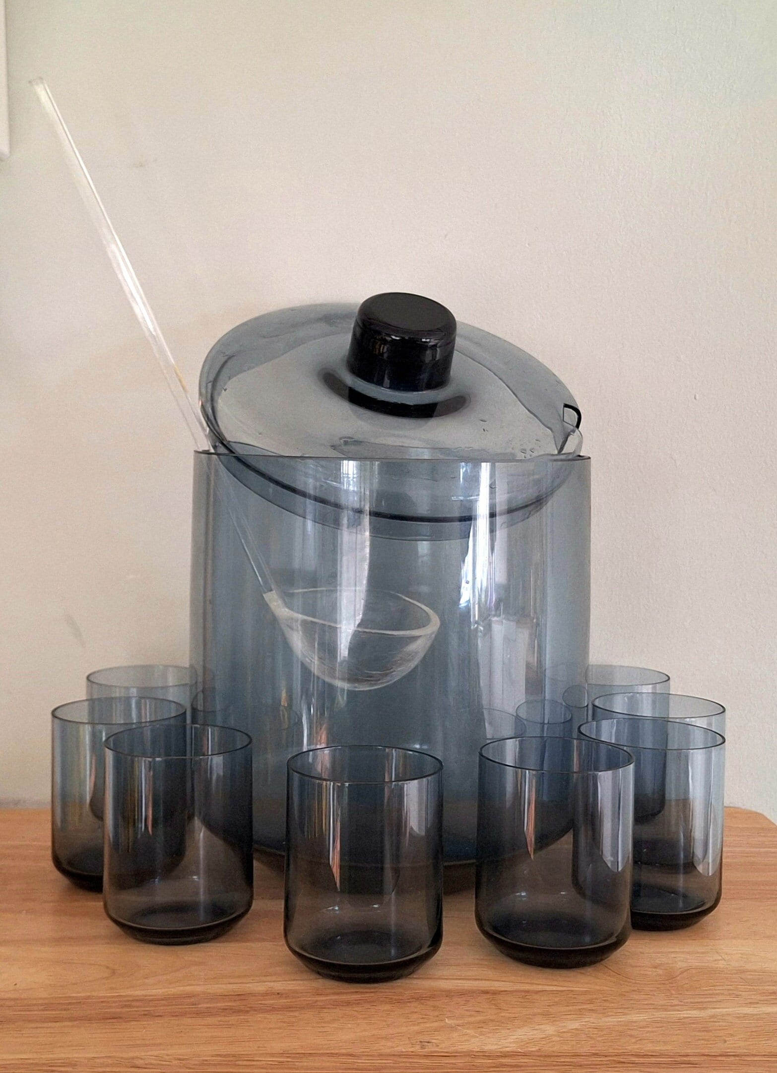 Vintage Mid-Century Modern Punch Bowl Set with Lid and 8 Glasses  Smoke Glass | Retro Drinkware | Party Serveware
