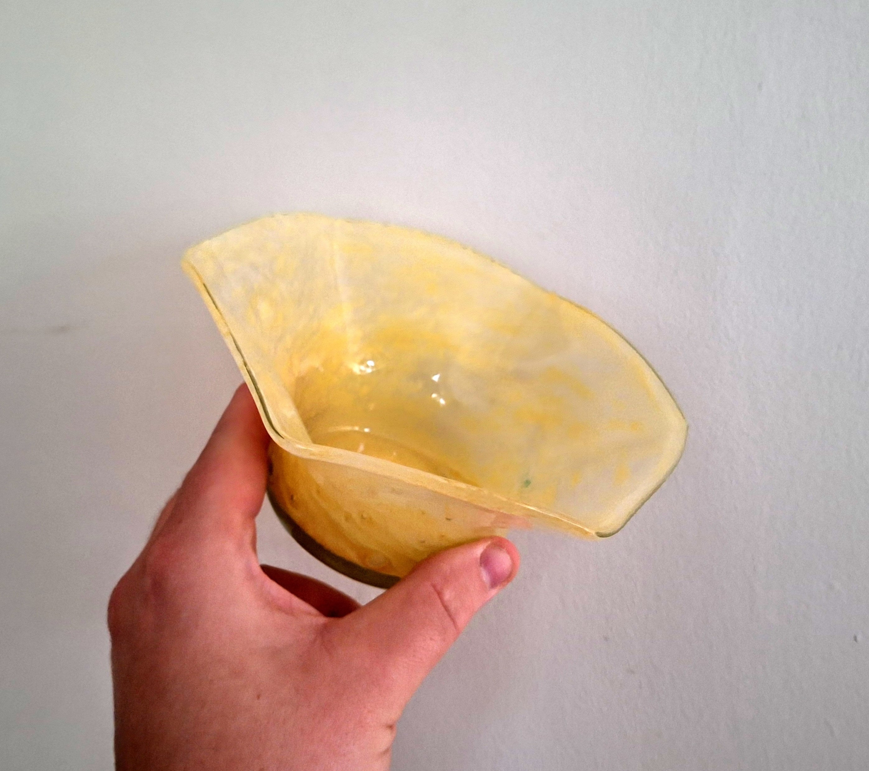 Vintage Mid-Century Art Glass Bowl  Handcrafted Yellow Marbled Glass | Collectible Decorative Bowl