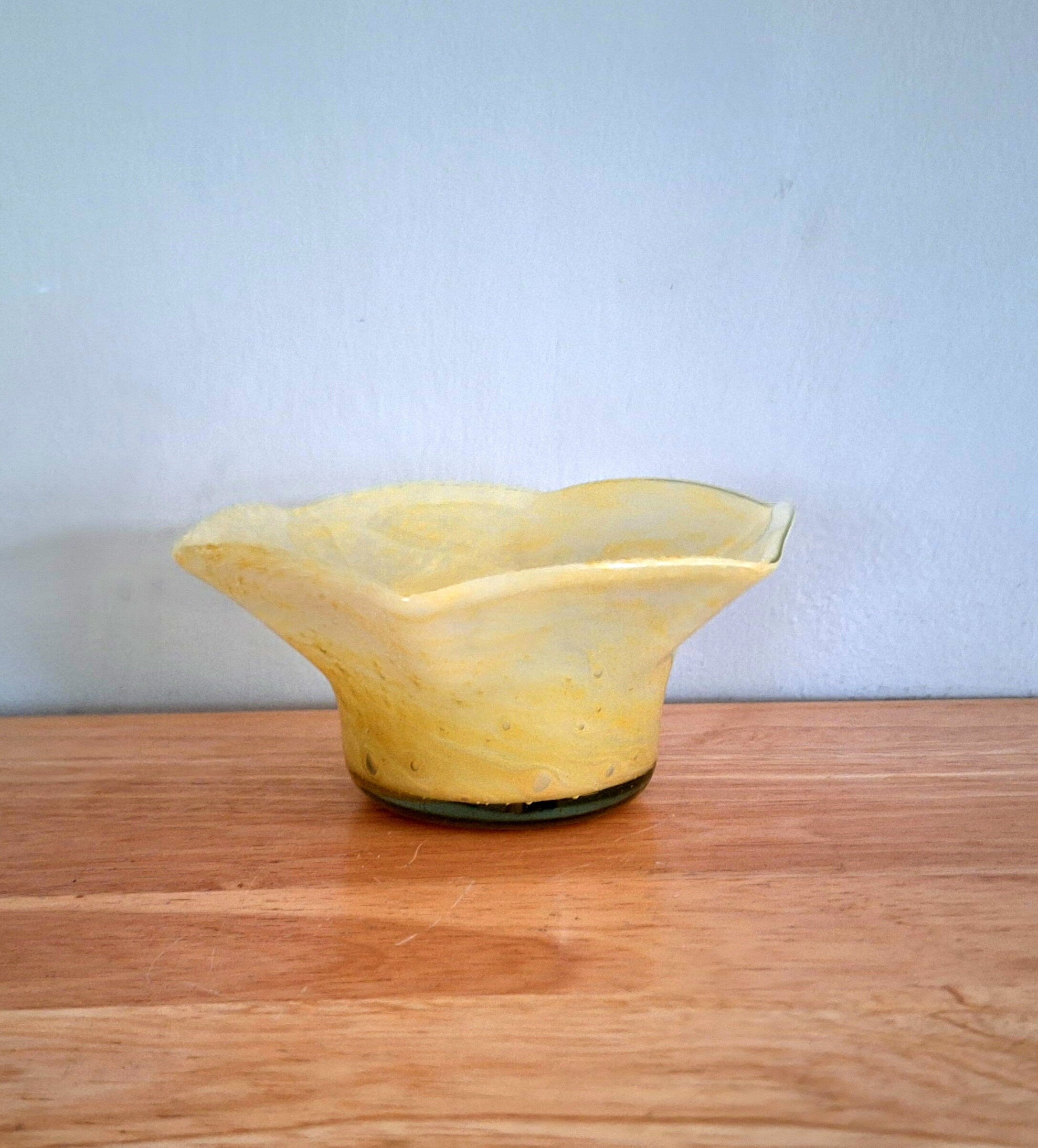 Vintage Mid-Century Art Glass Bowl  Handcrafted Yellow Marbled Glass | Collectible Decorative Bowl