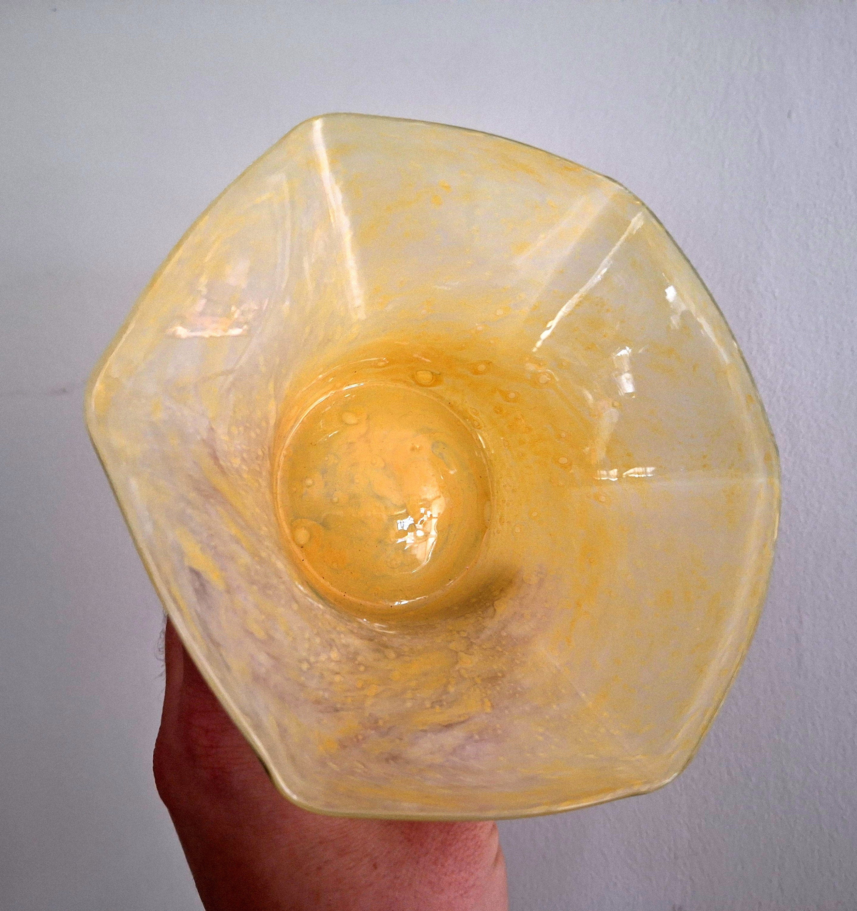 Vintage Mid-Century Art Glass Bowl  Handcrafted Yellow Marbled Glass | Collectible Decorative Bowl
