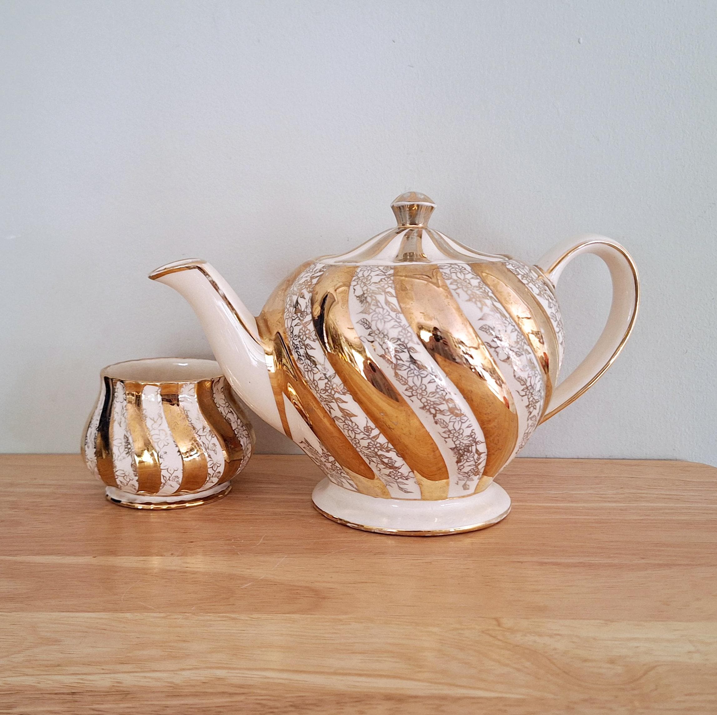 Antique 1930s Gold Swirl Tea Set  Vintage Porcelain Teapot and Sugar Bowl | Art Deco Tea Service | Elegant Home Decor