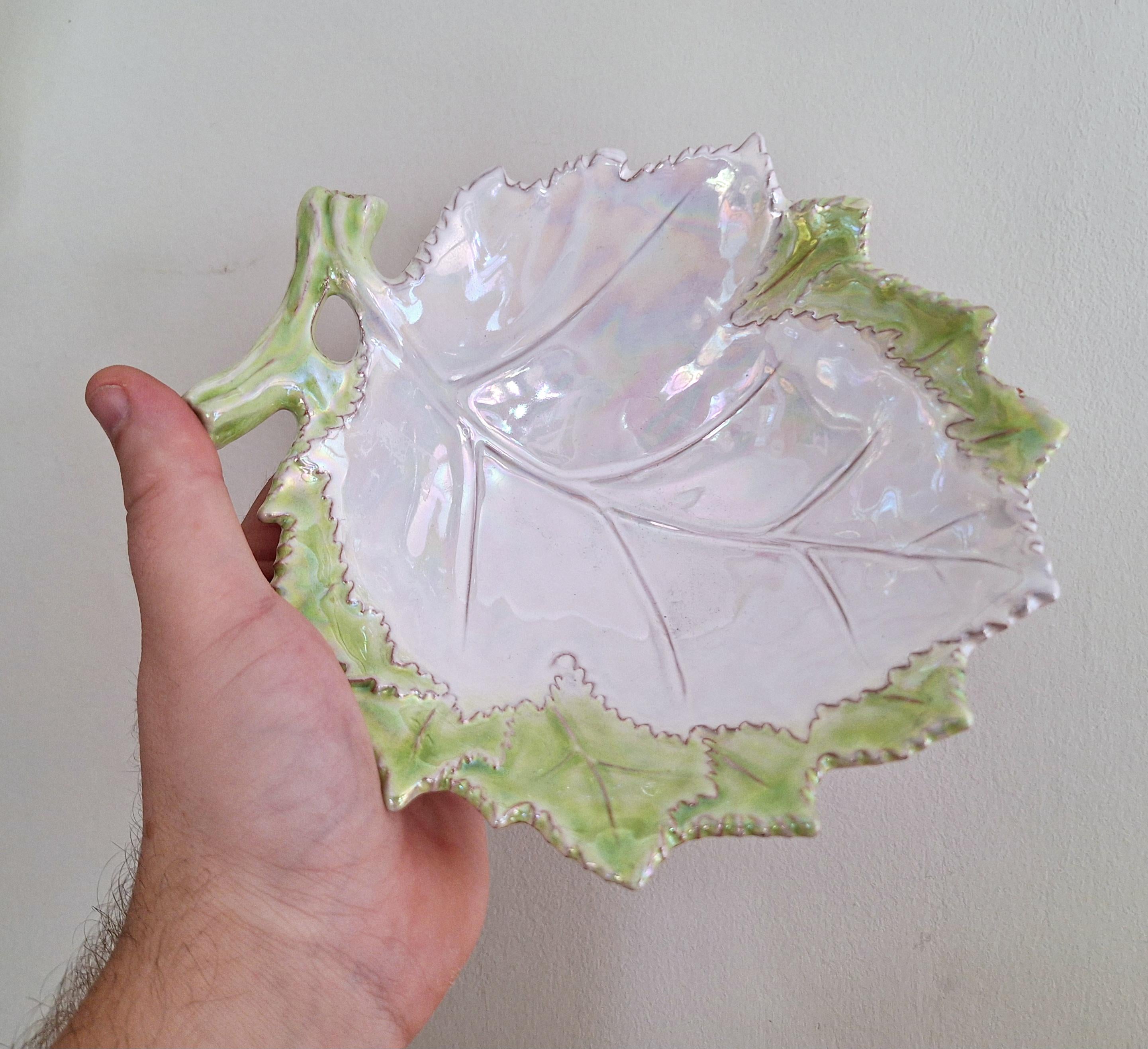 Vintage Iridescent Leaf-Shaped Ceramic Dish - Hand-Painted Decorative Plate - Nature-Inspired Home Decor