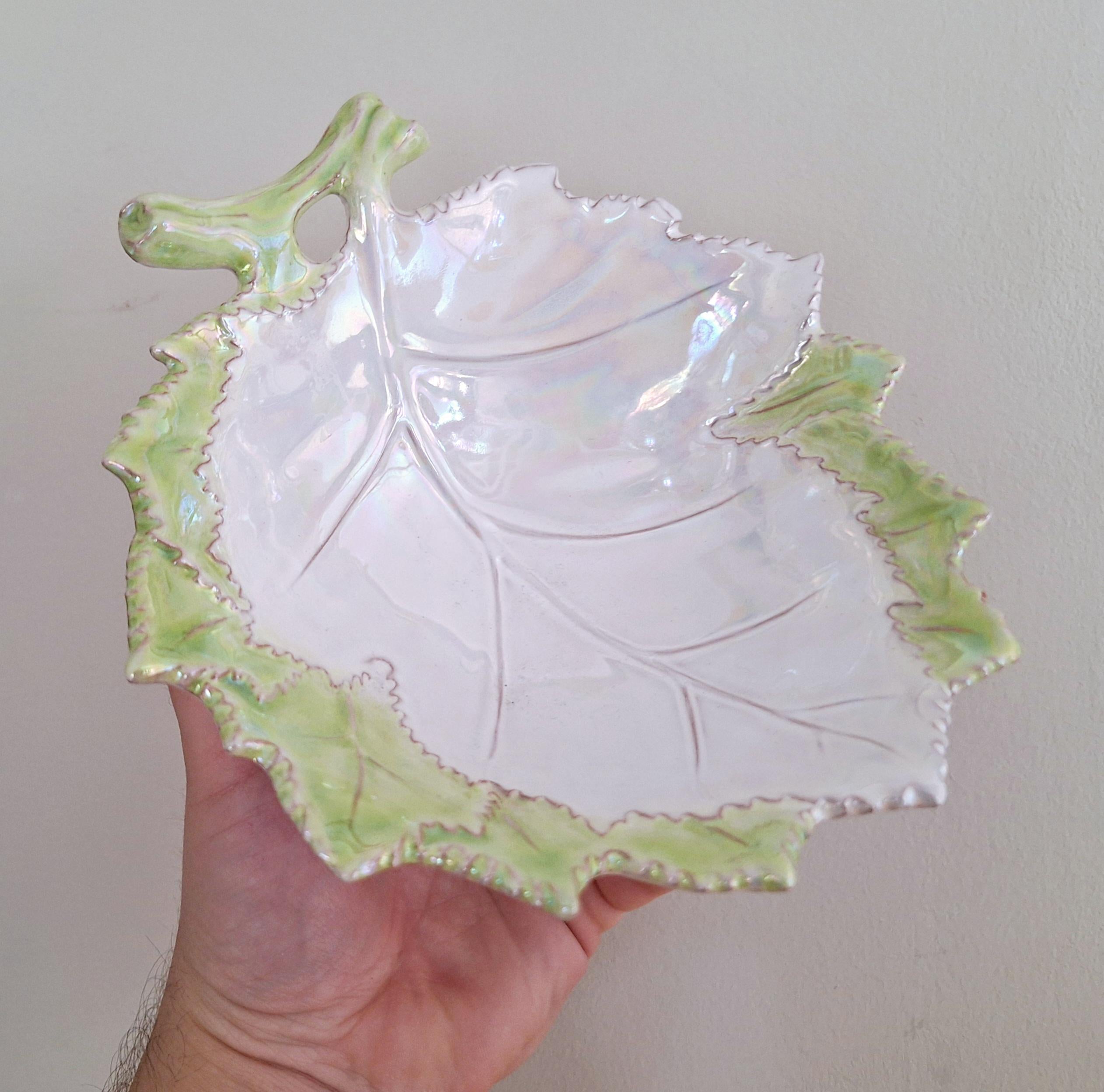 Vintage Iridescent Leaf-Shaped Ceramic Dish - Hand-Painted Decorative Plate - Nature-Inspired Home Decor
