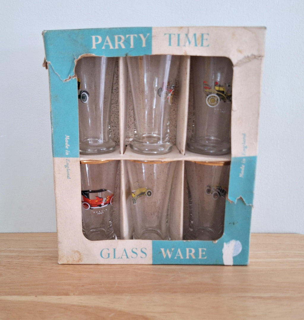 Vintage Set of 6 Small Pilsner Glasses with Classic Car Designs - Made in England - Retro Barware