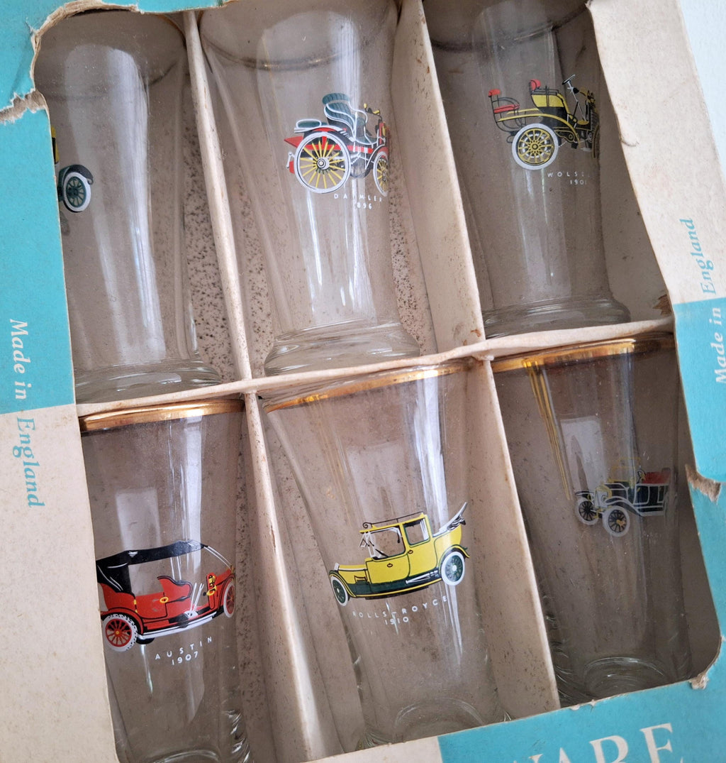 Vintage Set of 6 Small Pilsner Glasses with Classic Car Designs - Made in England - Retro Barware
