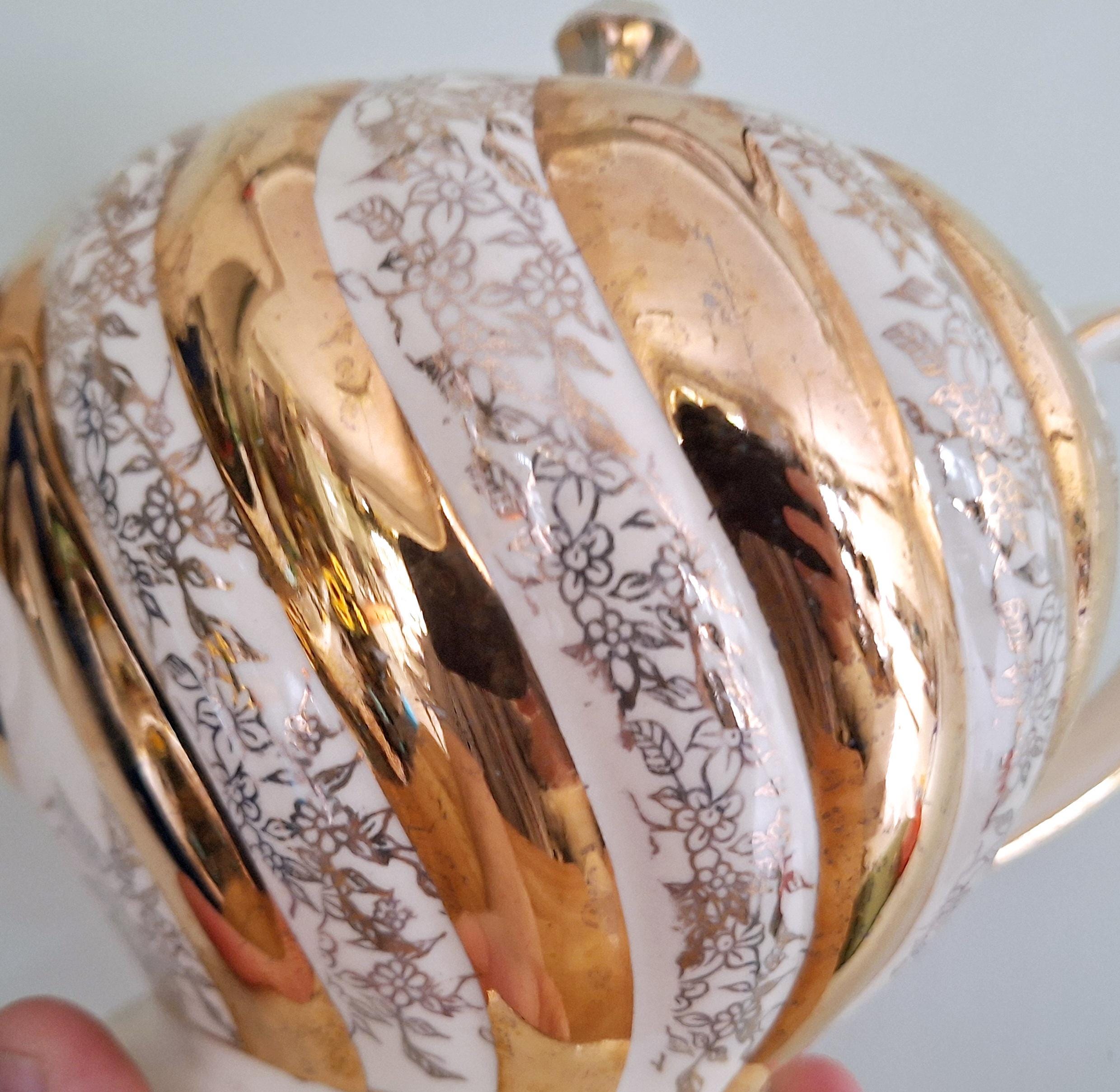 Antique 1930s Gold Swirl Tea Set  Vintage Porcelain Teapot and Sugar Bowl | Art Deco Tea Service | Elegant Home Decor