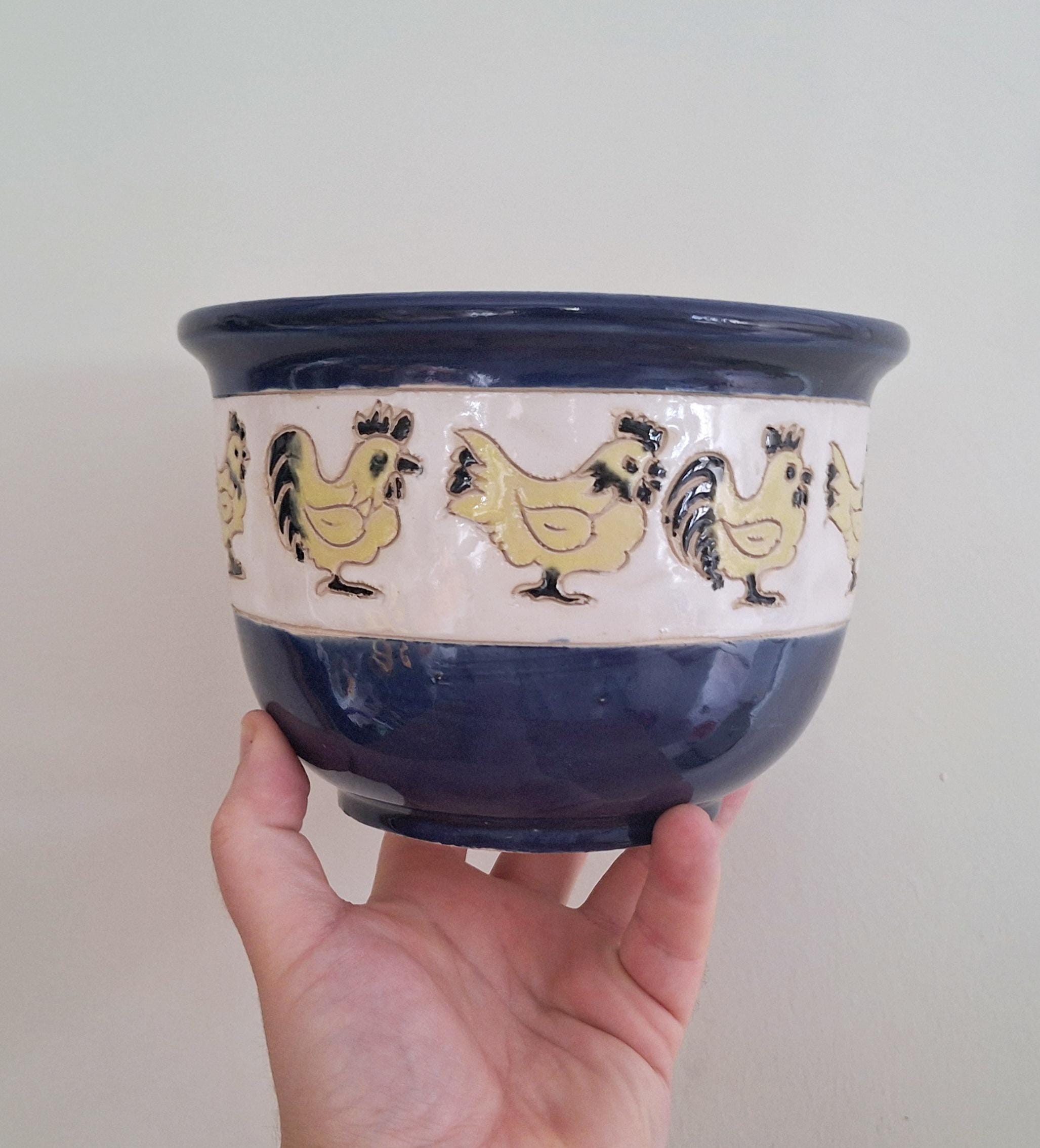 Handcrafted Ceramic Rooster Planter | Blue and Yellow Chicken-Themed Decorative Pot | Farmhouse Style Pottery | Vintage Ceramic Plant Pot