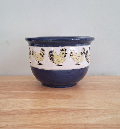 Handcrafted Ceramic Rooster Planter | Blue and Yellow Chicken-Themed Decorative Pot | Farmhouse Style Pottery | Vintage Ceramic Plant Pot