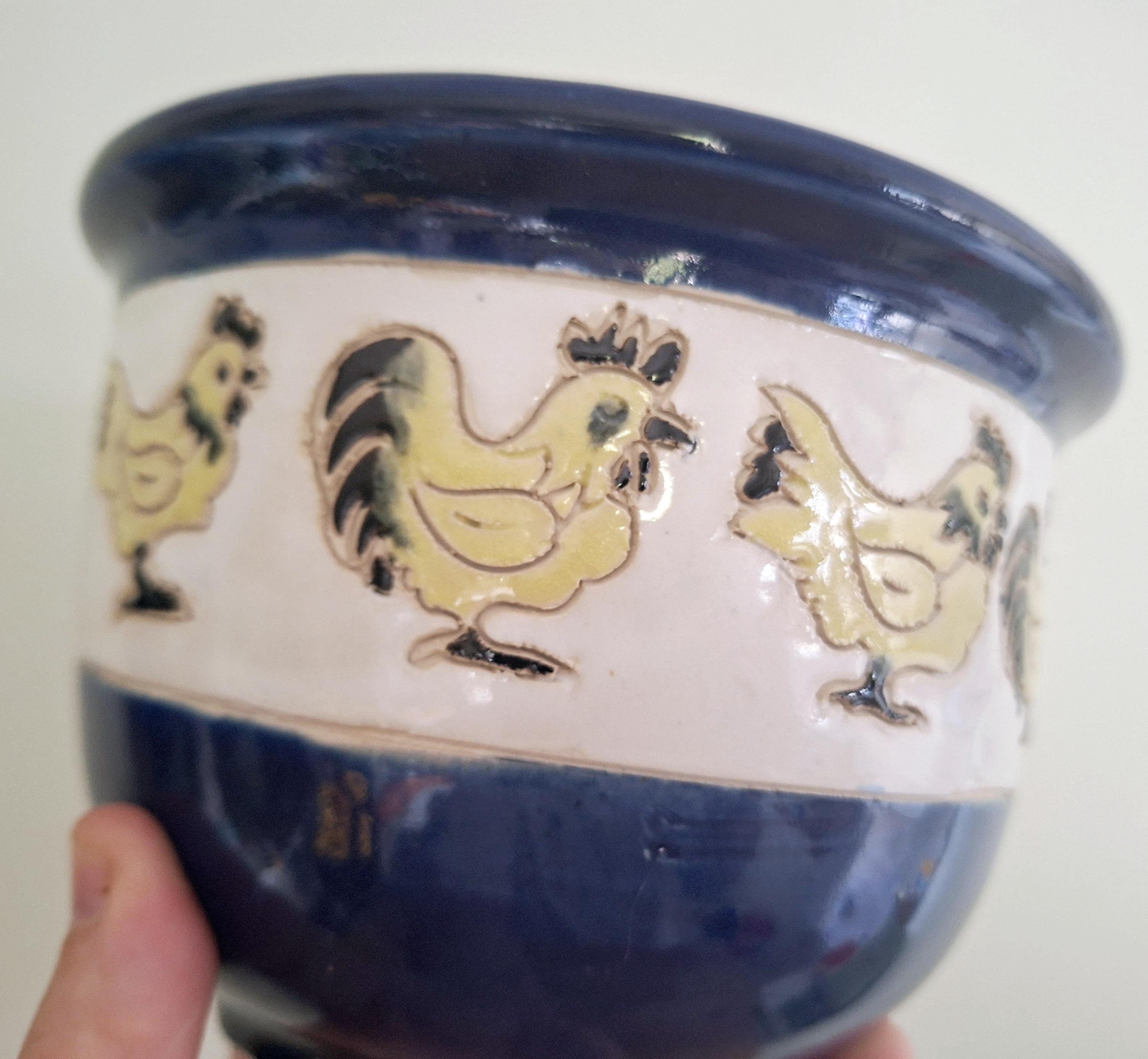 Handcrafted Ceramic Rooster Planter | Blue and Yellow Chicken-Themed Decorative Pot | Farmhouse Style Pottery | Vintage Ceramic Plant Pot