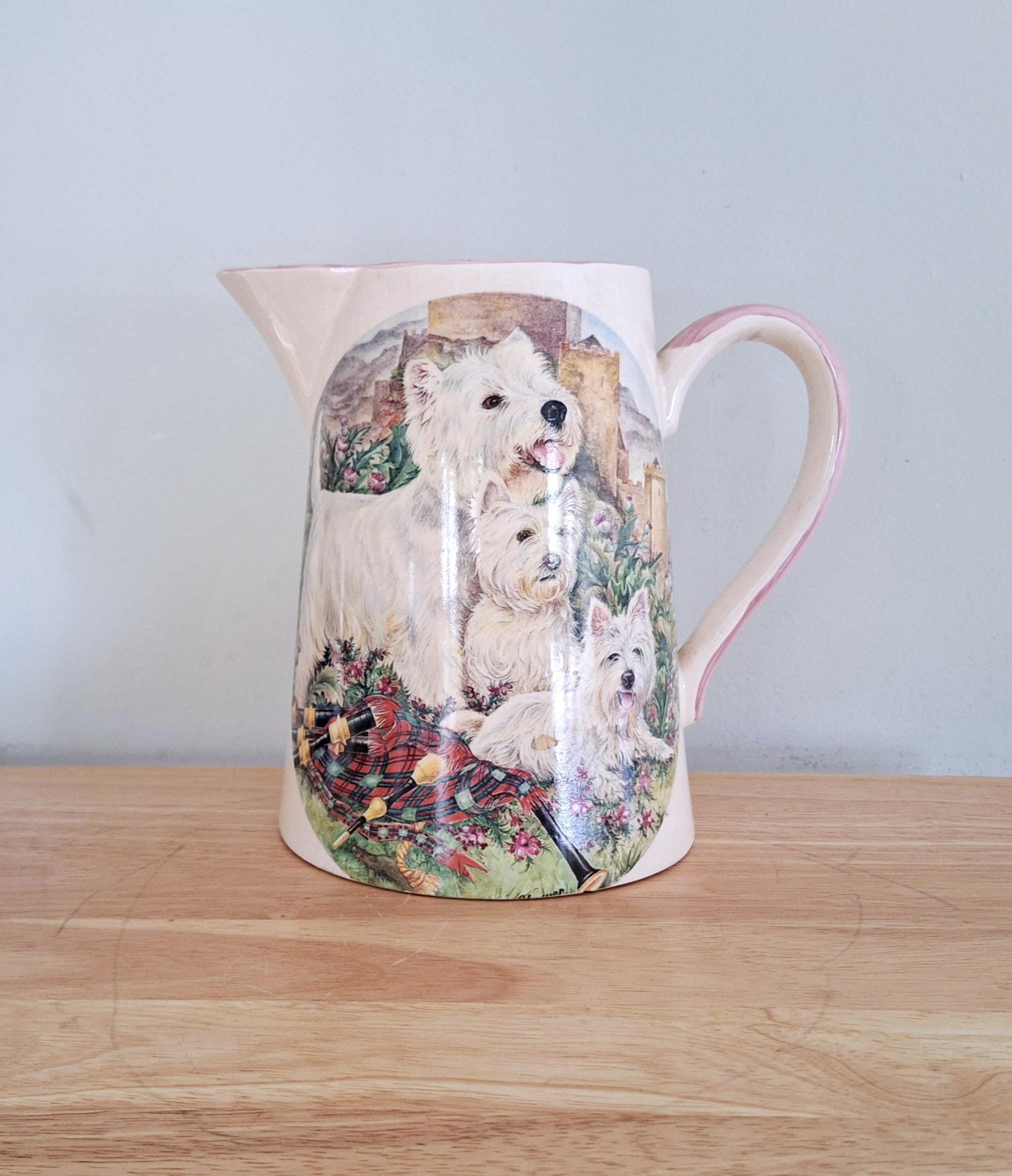 Vintage English Ceramic Pitcher with Adorable Westie Dogs and Bagpipes - Large Decorative Jug Floral Vase