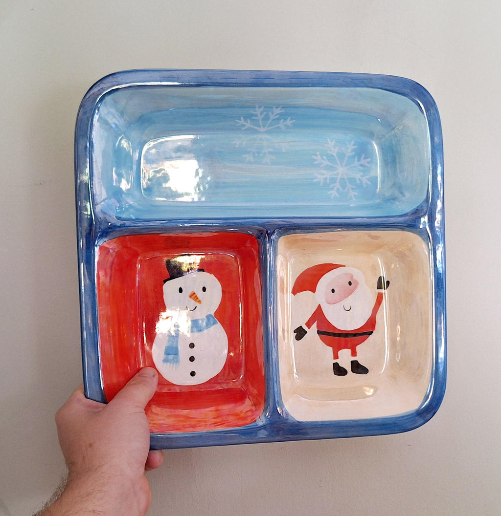 Festive Hand-Painted Ceramic Divided Serving Tray with Santa, Snowman, and Snowflakes  Perfect for Christmas Parties & Holiday Decor