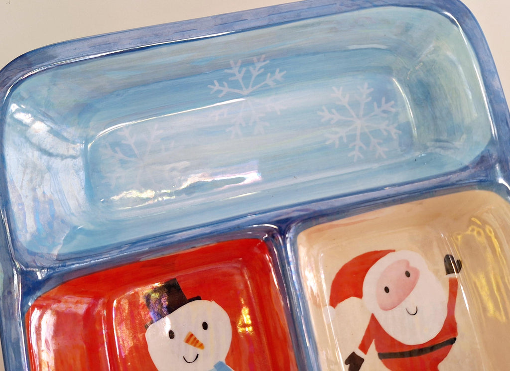 Festive Hand-Painted Ceramic Divided Serving Tray with Santa, Snowman, and Snowflakes  Perfect for Christmas Parties & Holiday Decor