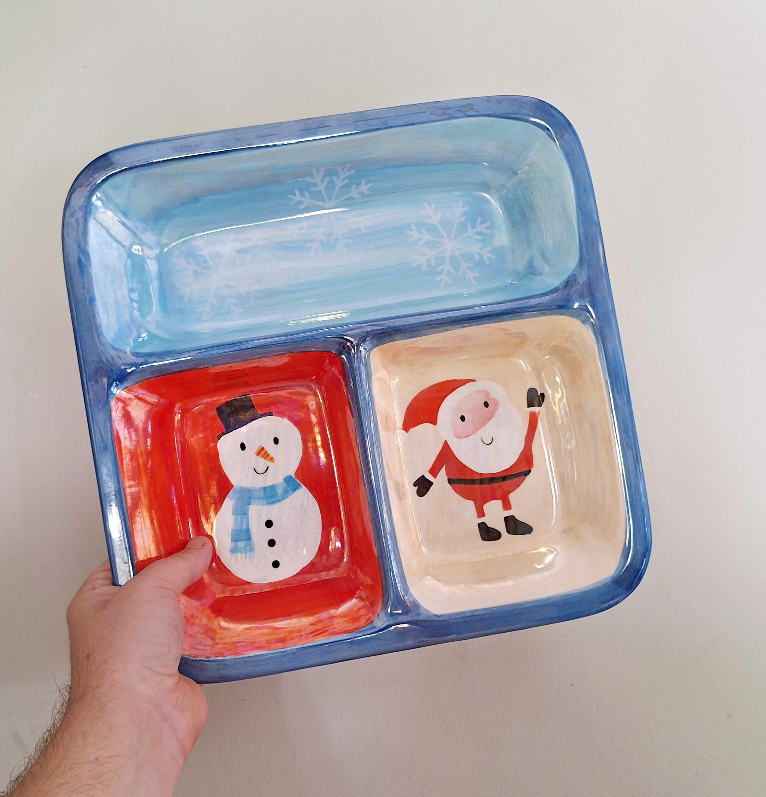 Festive Hand-Painted Ceramic Divided Serving Tray with Santa, Snowman, and Snowflakes  Perfect for Christmas Parties & Holiday Decor
