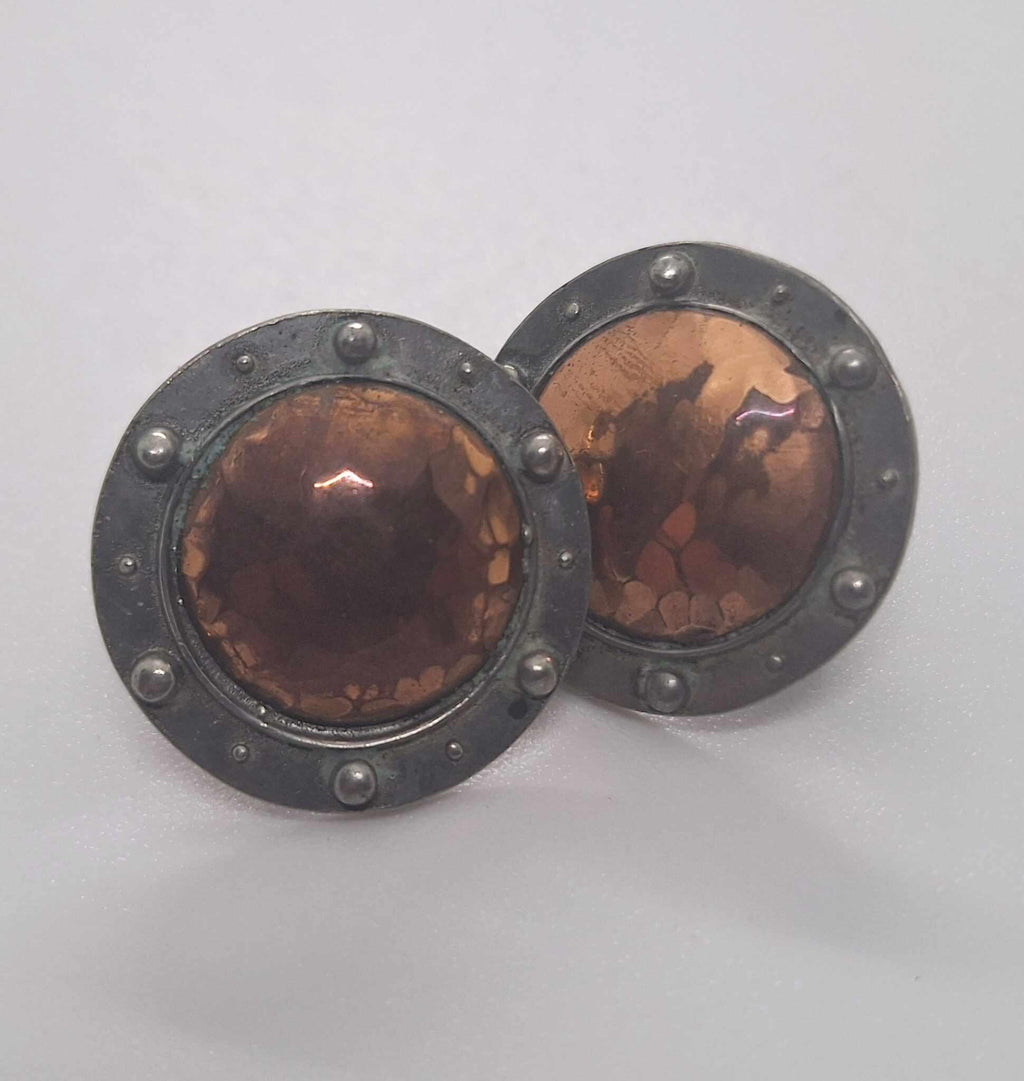 Vintage Liberty Pewter and Hammered Copper Clip-On Earrings | Art Deco Style | Retro Statement Jewellery | Made in England | 1970s