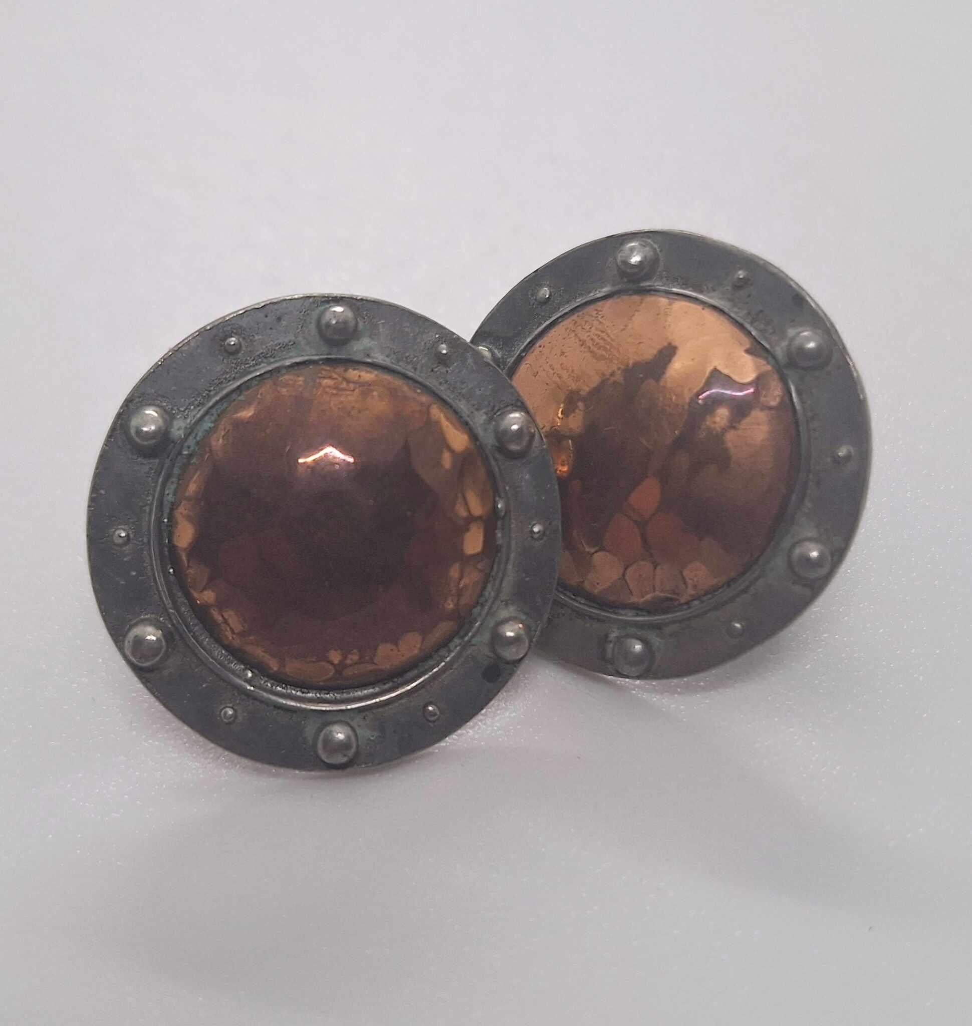 Vintage Liberty Pewter and Hammered Copper Clip-On Earrings | Art Deco Style | Retro Statement Jewellery | Made in England | 1970s