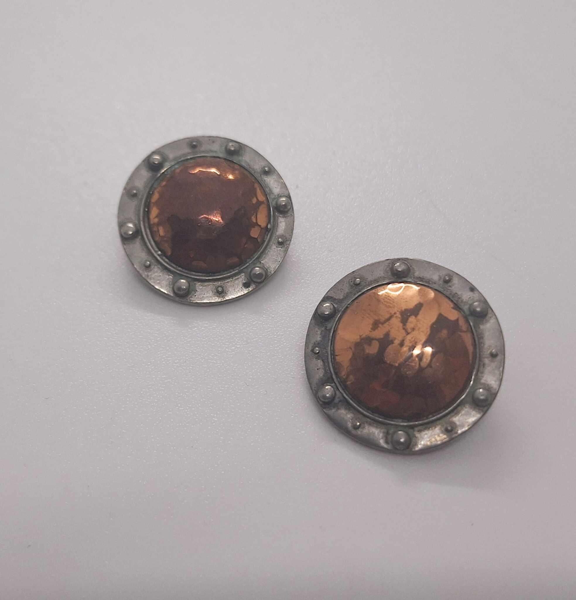 Vintage Liberty Pewter and Hammered Copper Clip-On Earrings | Art Deco Style | Retro Statement Jewellery | Made in England | 1970s