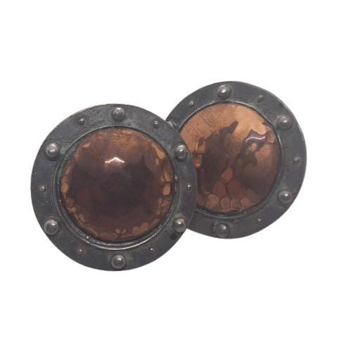 Vintage Liberty Pewter and Hammered Copper Clip-On Earrings | Art Deco Style | Retro Statement Jewellery | Made in England | 1970s