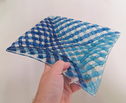 Handmade Blue Lattice Fused Glass Bowl, Decorative Art Glass Dish, Square Modern Coastal Home Decor, Unique Centerpiece Gift,