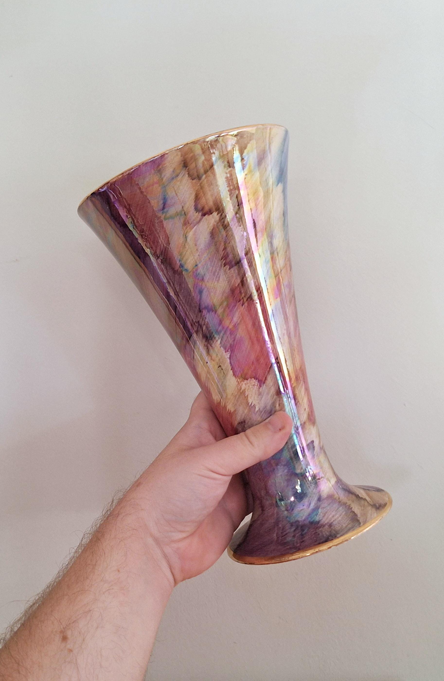 Vintage Old Court Ware Hand-Painted Iridescent Vase with Gold Trim - Made in England - 1950s - Collectible English Pottery Lustreware vase