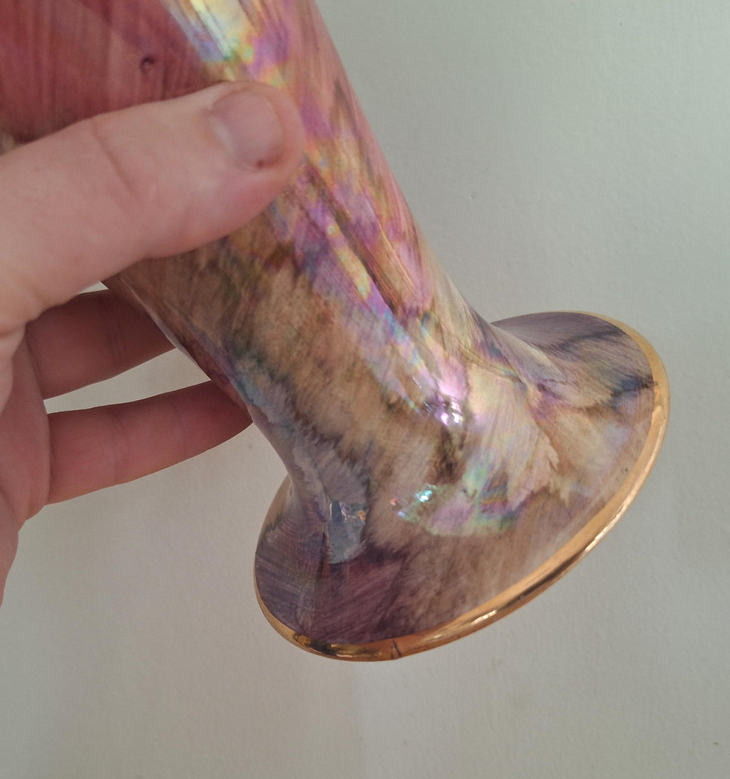 Vintage Old Court Ware Hand-Painted Iridescent Vase with Gold Trim - Made in England - 1950s - Collectible English Pottery Lustreware vase