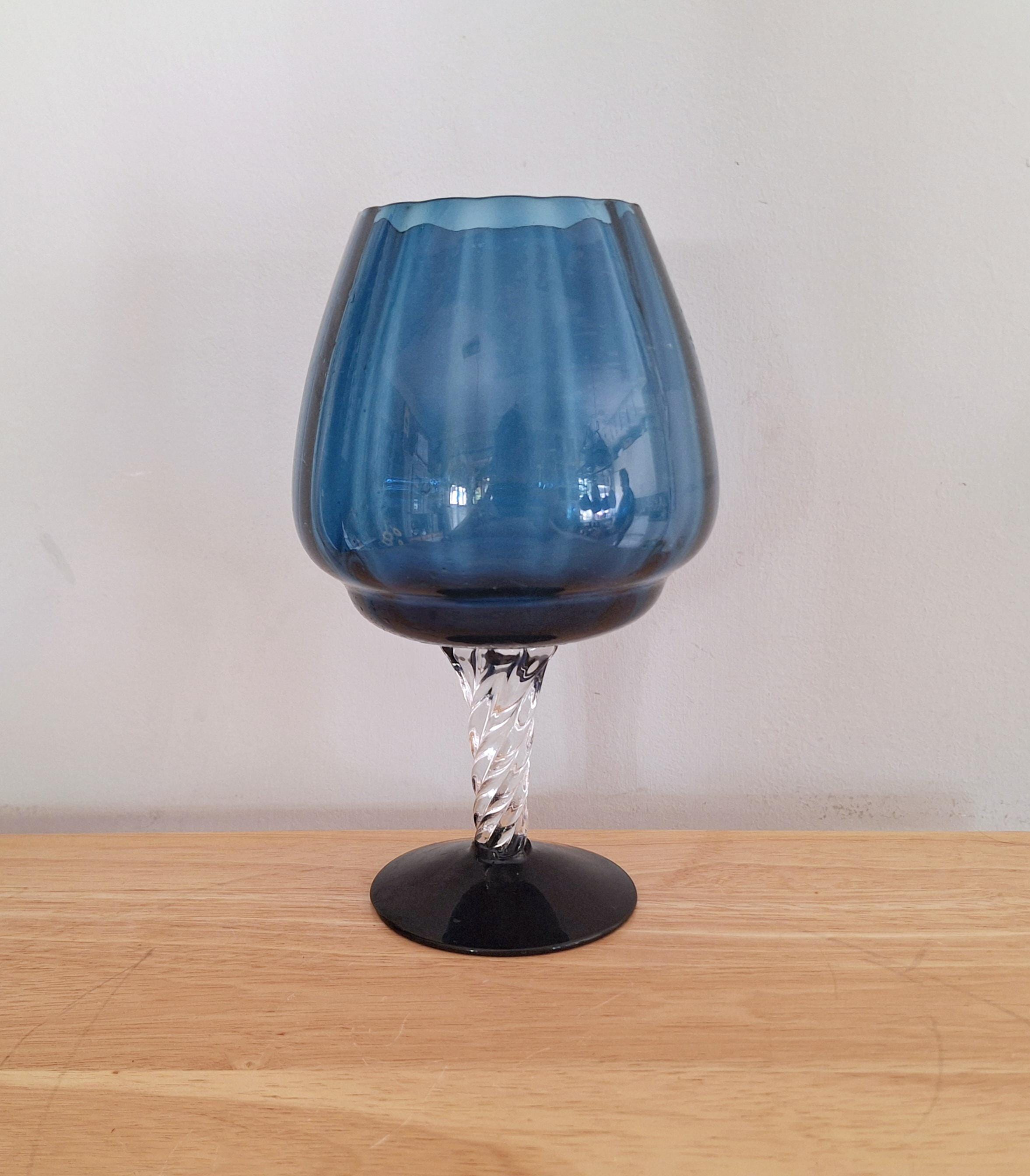 Vintage Handblown Blue Glass Goblet with Twisted Clear Stem - 1960s Art Glass, Statement Display Piece