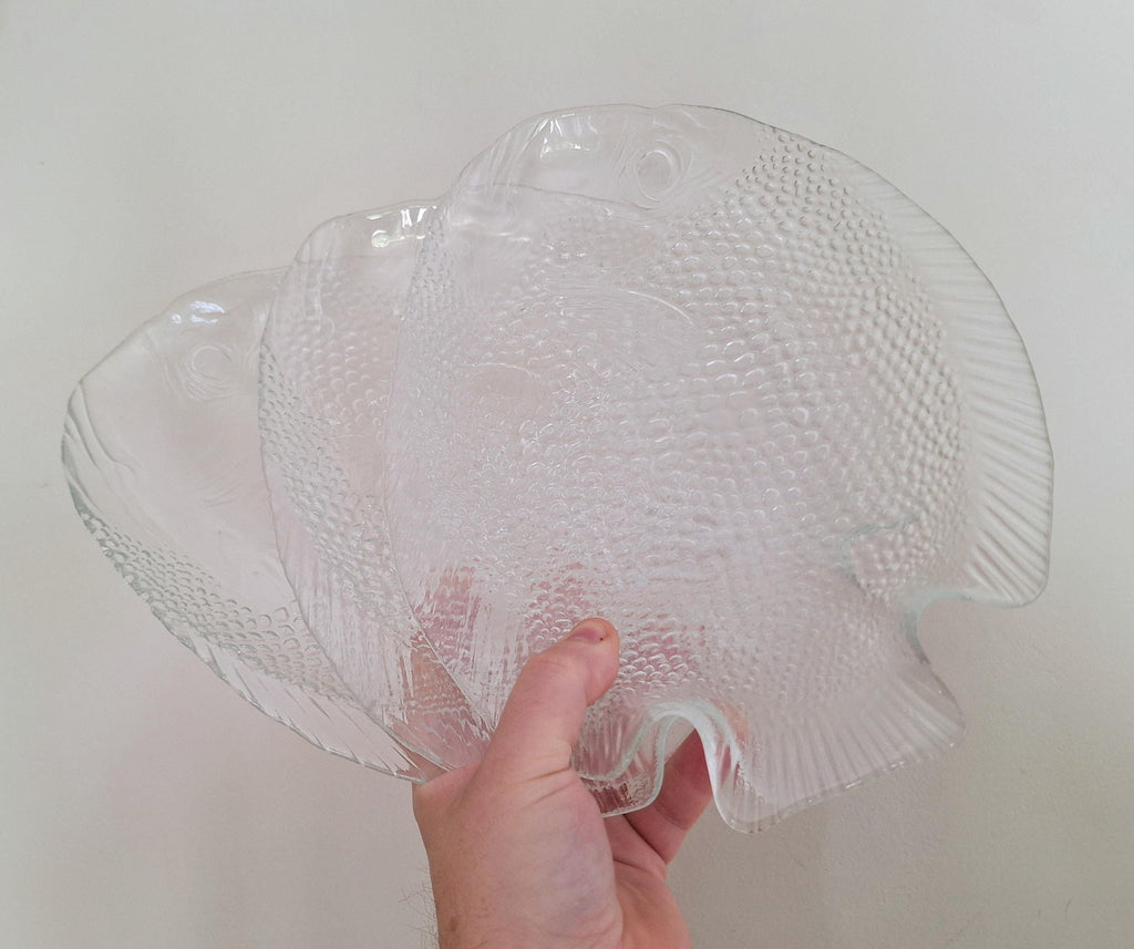 Vintage Glass Fish Serving Trays (Set of 3) - 1970s Clear Textured Glass - Mid-Century Modern Tableware