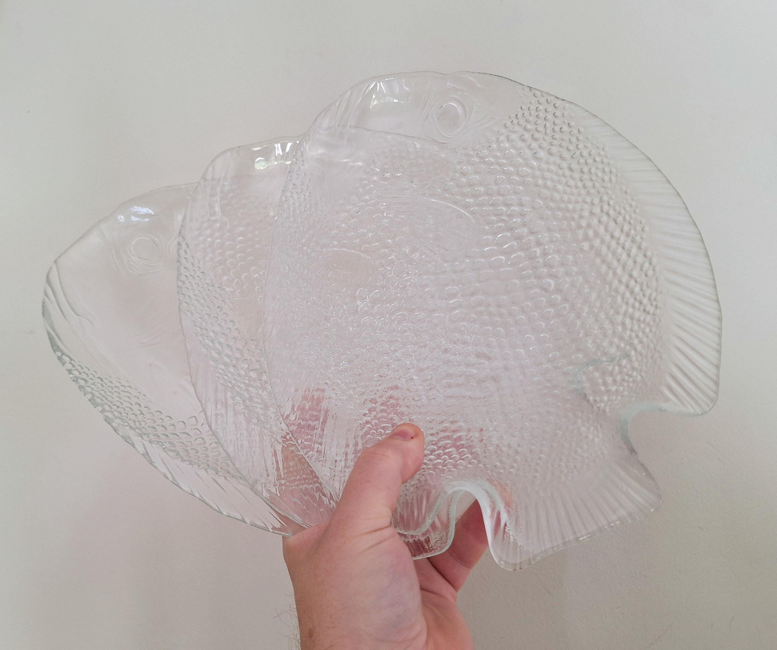 Vintage Glass Fish Serving Trays (Set of 3) - 1970s Clear Textured Glass - Mid-Century Modern Tableware