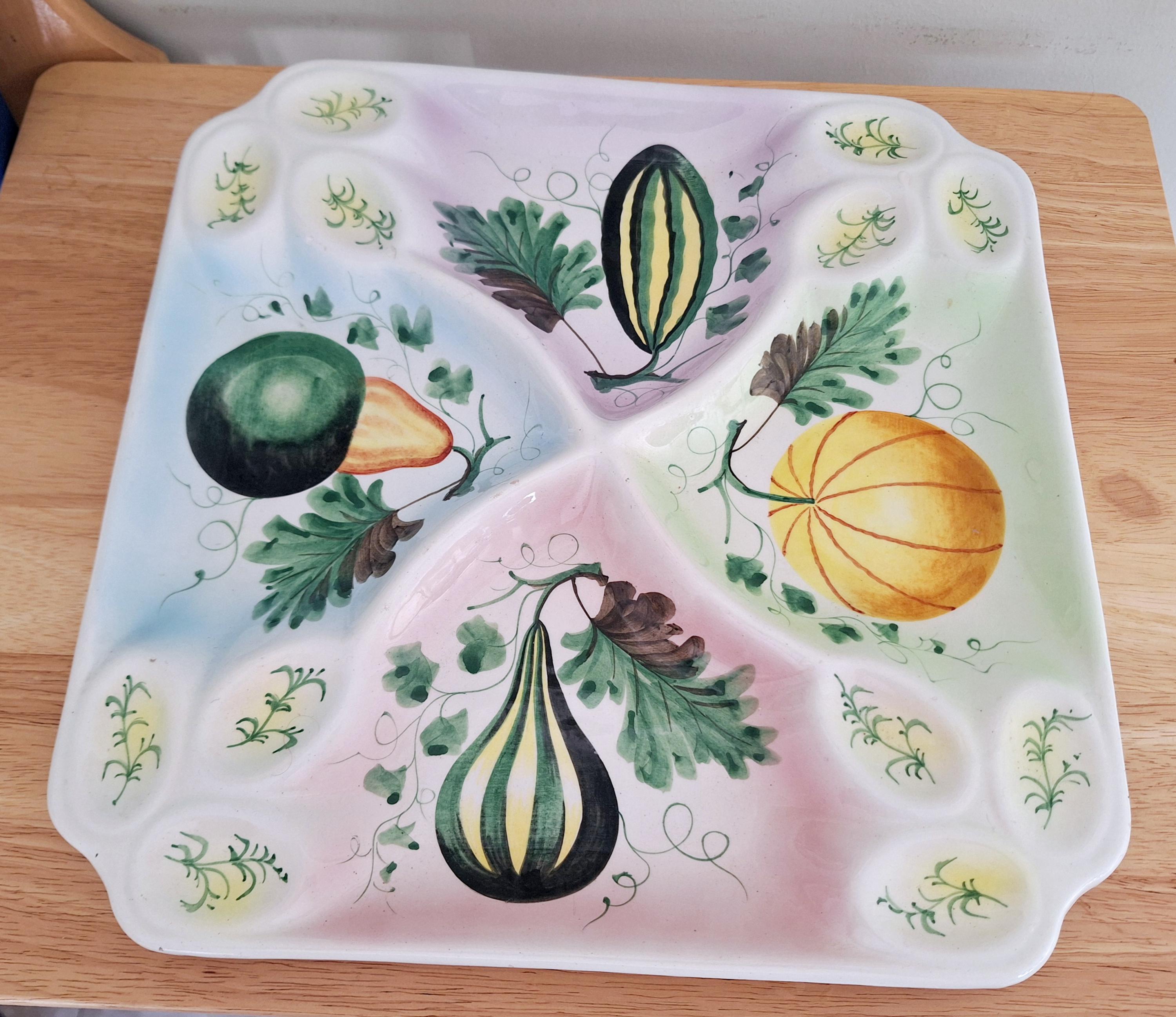 Vintage Hand-Painted Italian Ceramic Serving Tray | Colorful Gourd & Fruit Design | Divided Appetizer Platter | Made in Italy | Rustic Decor