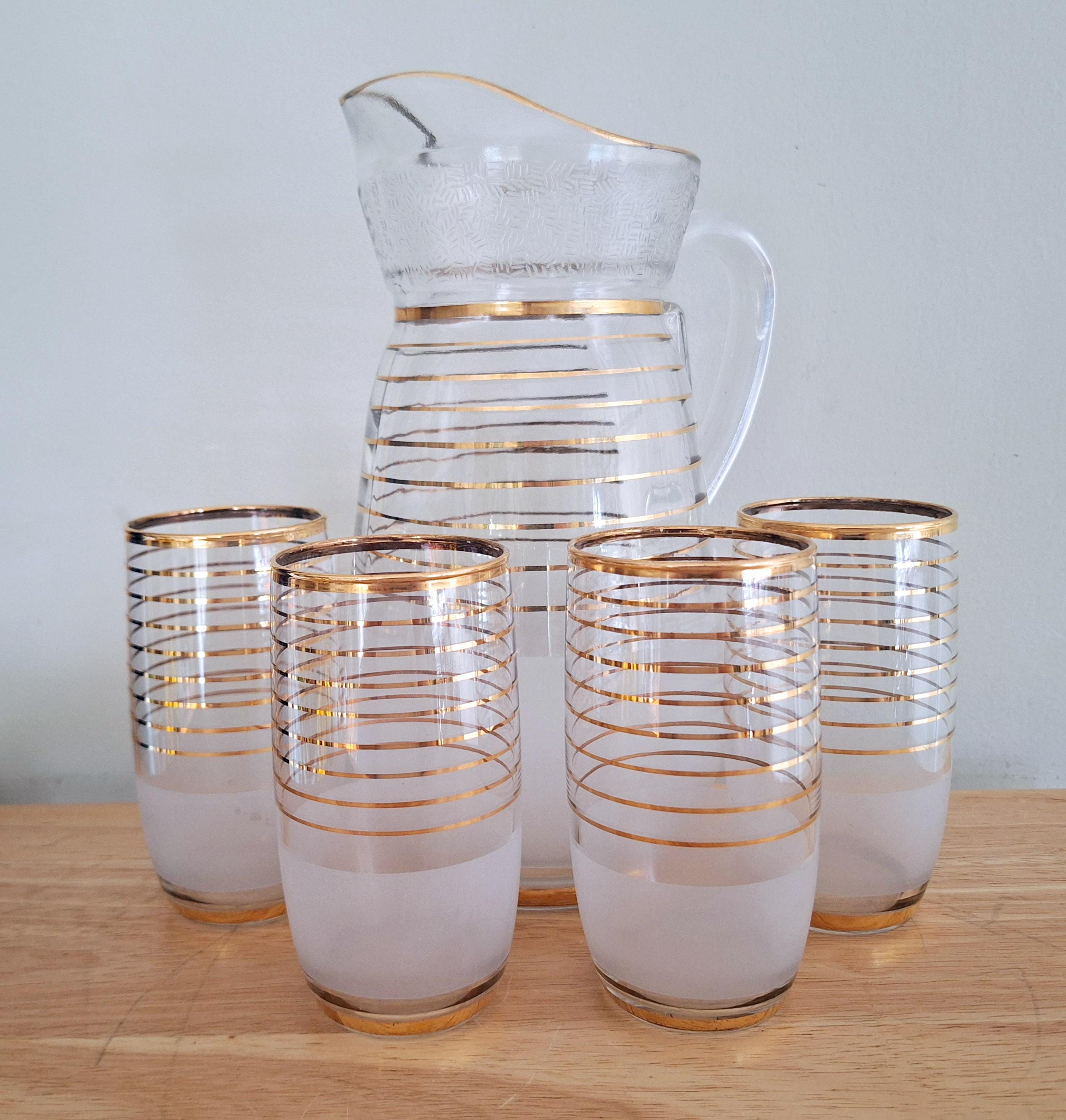 Vintage Mid-Century Gold Trim Frosted Glass Pitcher Set with 4 Matching Glasses  Elegant Barware Set for Entertaining