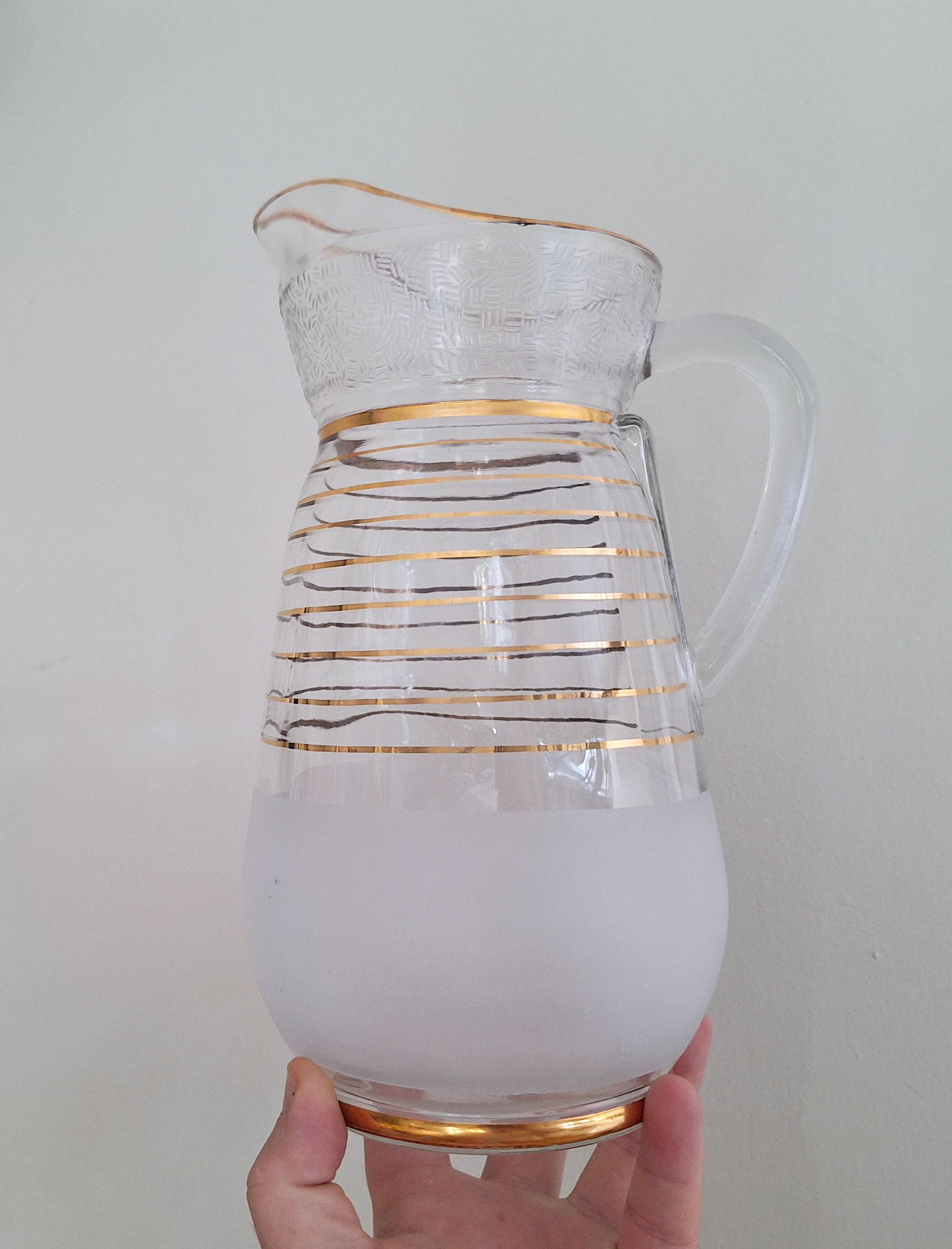 Vintage Mid-Century Gold Trim Frosted Glass Pitcher Set with 4 Matching Glasses  Elegant Barware Set for Entertaining
