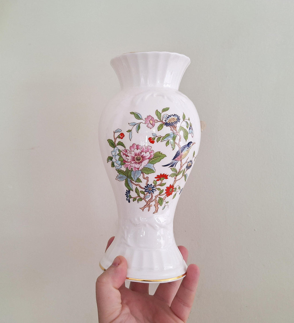 Aynsley Pembroke Bone China Vase - 8.5" Cascade Vase with Floral and Bird Motif  Vintage Collectible Fine English China - Gold Trimmed Edges