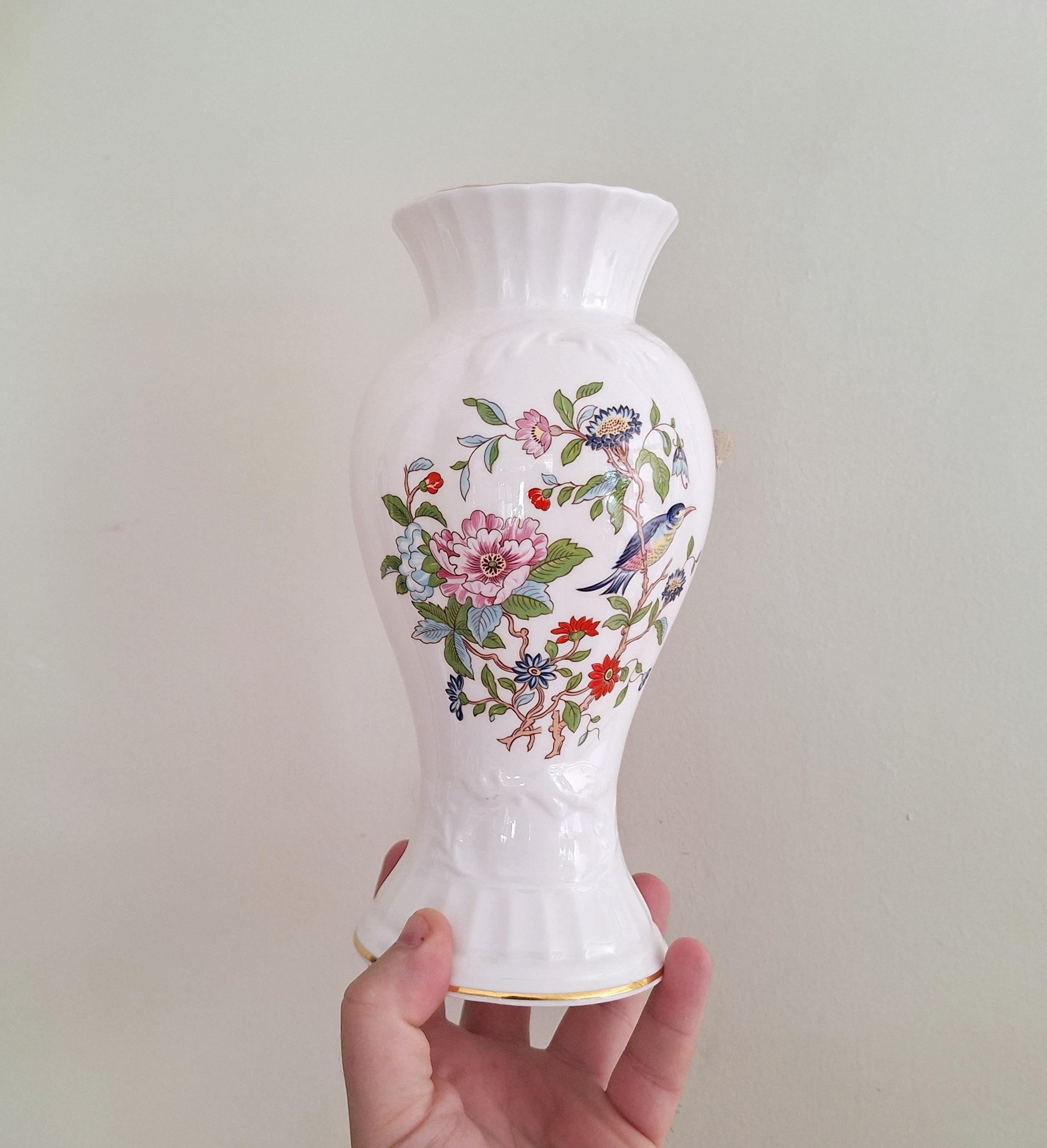 Aynsley Pembroke Bone China Vase - 8.5" Cascade Vase with Floral and Bird Motif  Vintage Collectible Fine English China - Gold Trimmed Edges