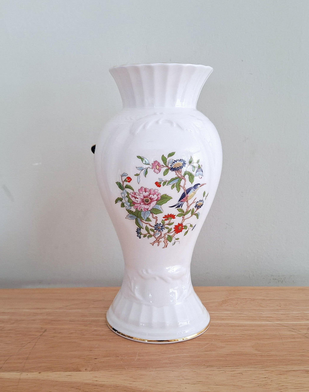 Aynsley Pembroke Bone China Vase - 8.5" Cascade Vase with Floral and Bird Motif  Vintage Collectible Fine English China - Gold Trimmed Edges