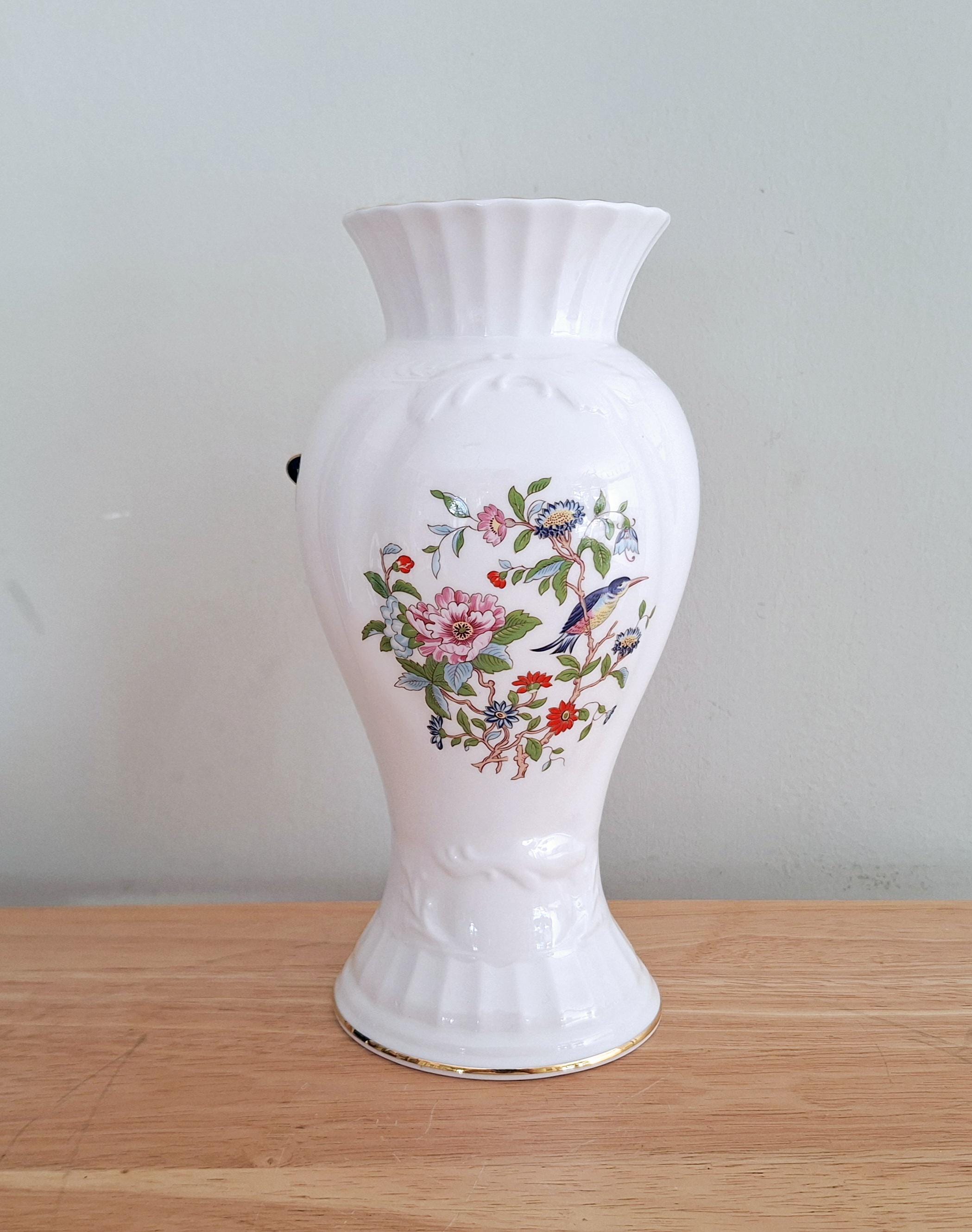 Aynsley Pembroke Bone China Vase - 8.5" Cascade Vase with Floral and Bird Motif  Vintage Collectible Fine English China - Gold Trimmed Edges