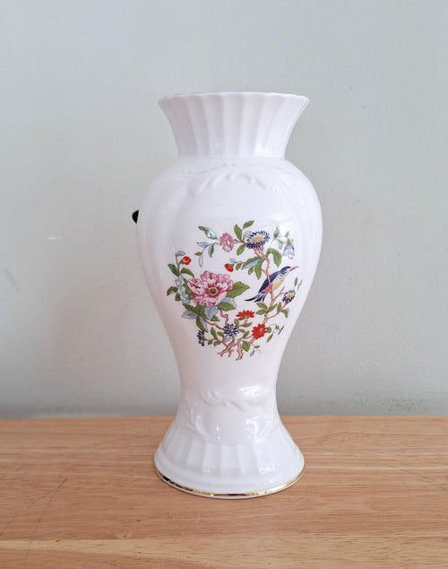Aynsley Pembroke Bone China Vase - 8.5" Cascade Vase with Floral and Bird Motif  Vintage Collectible Fine English China - Gold Trimmed Edges