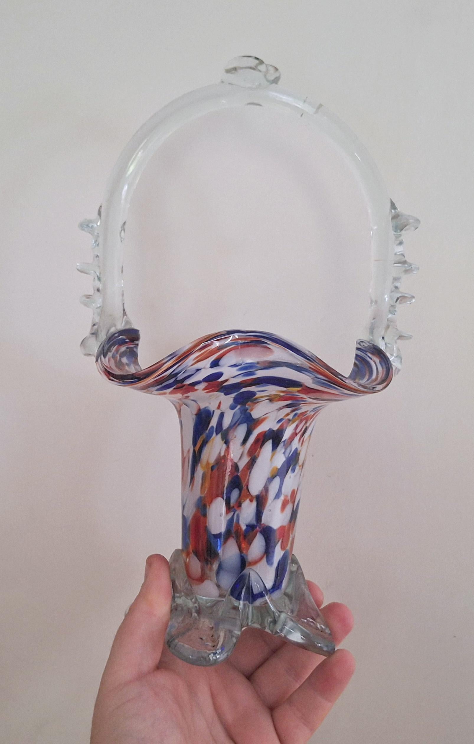 Vintage Hand Blown Murano Spatter Glass Basket Vase with Clear Glass Handle and Colourful Splatter Design  Decorative Collectible