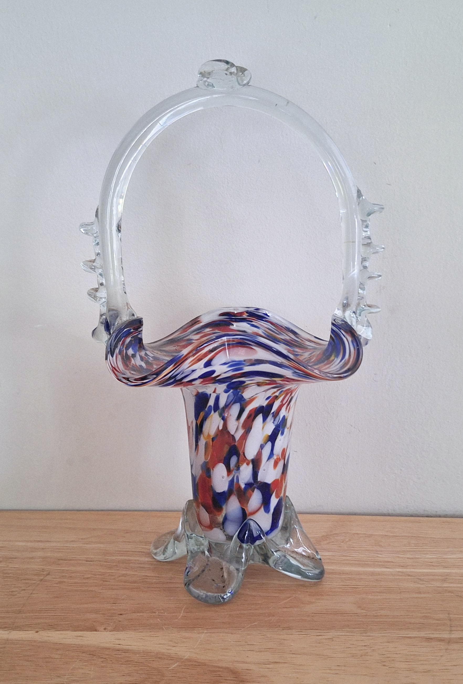Vintage Hand Blown Murano Spatter Glass Basket Vase with Clear Glass Handle and Colourful Splatter Design  Decorative Collectible