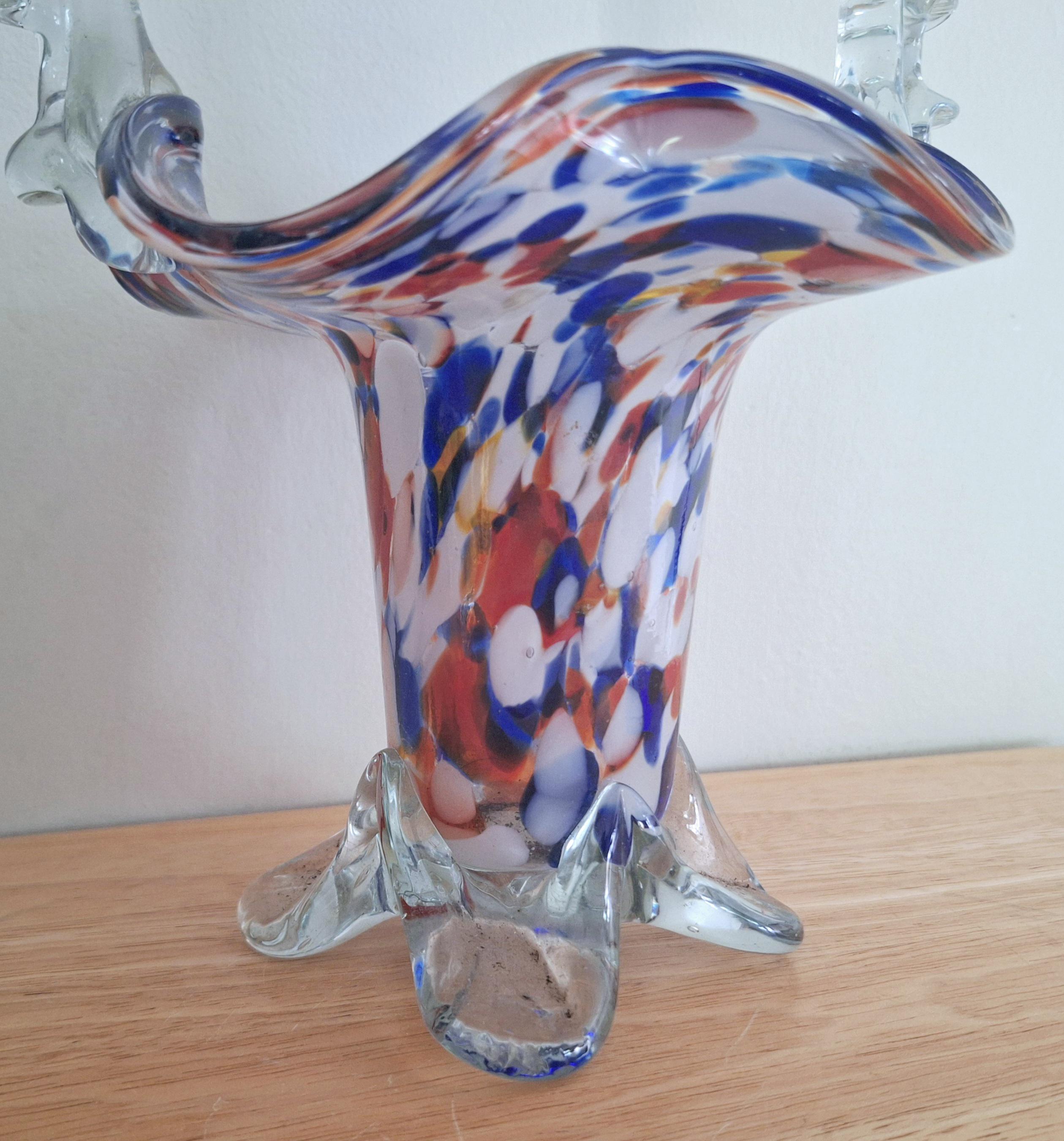Vintage Hand Blown Murano Spatter Glass Basket Vase with Clear Glass Handle and Colourful Splatter Design  Decorative Collectible