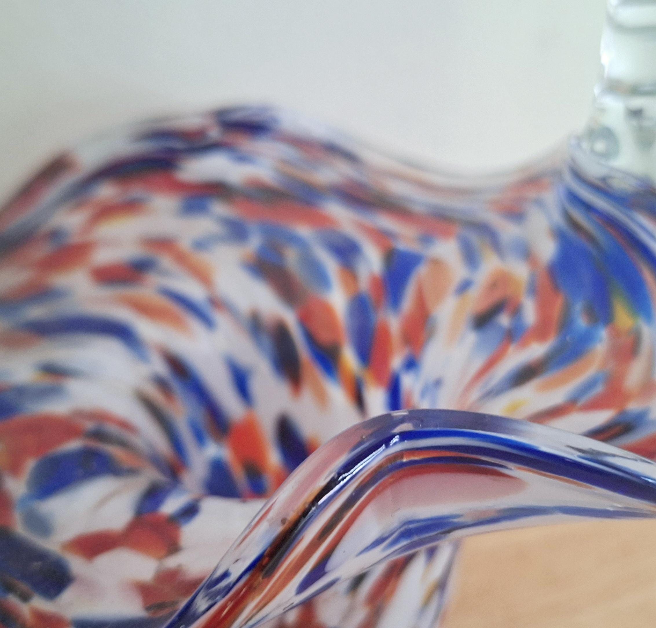 Vintage Hand Blown Murano Spatter Glass Basket Vase with Clear Glass Handle and Colourful Splatter Design  Decorative Collectible