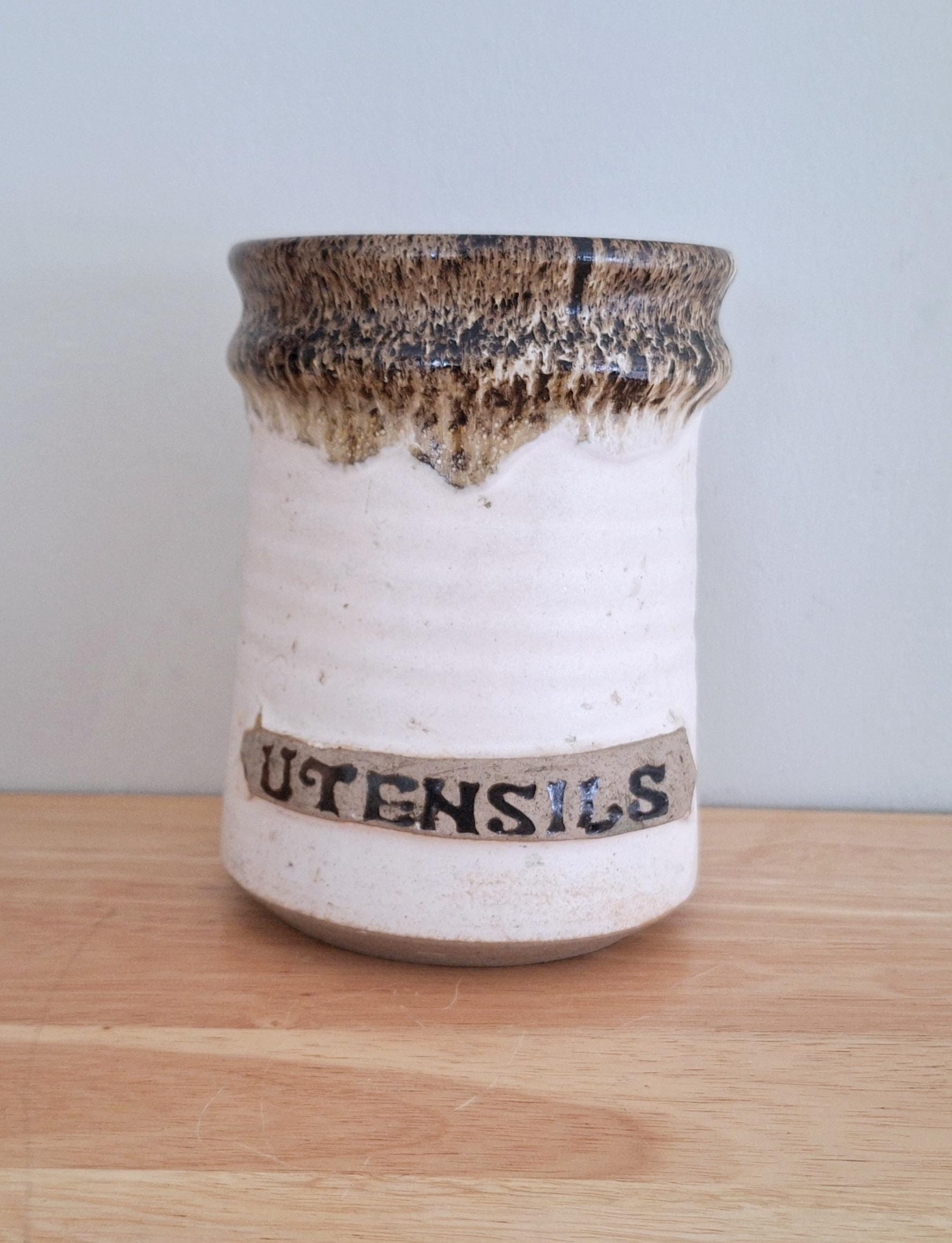 Handmade Stoneware Utensil Holder Rustic Drip Glaze Ceramic Kitchen Tool Crock - Farmhouse Style Kitchen Storage Jar - Utensil Crock Holder